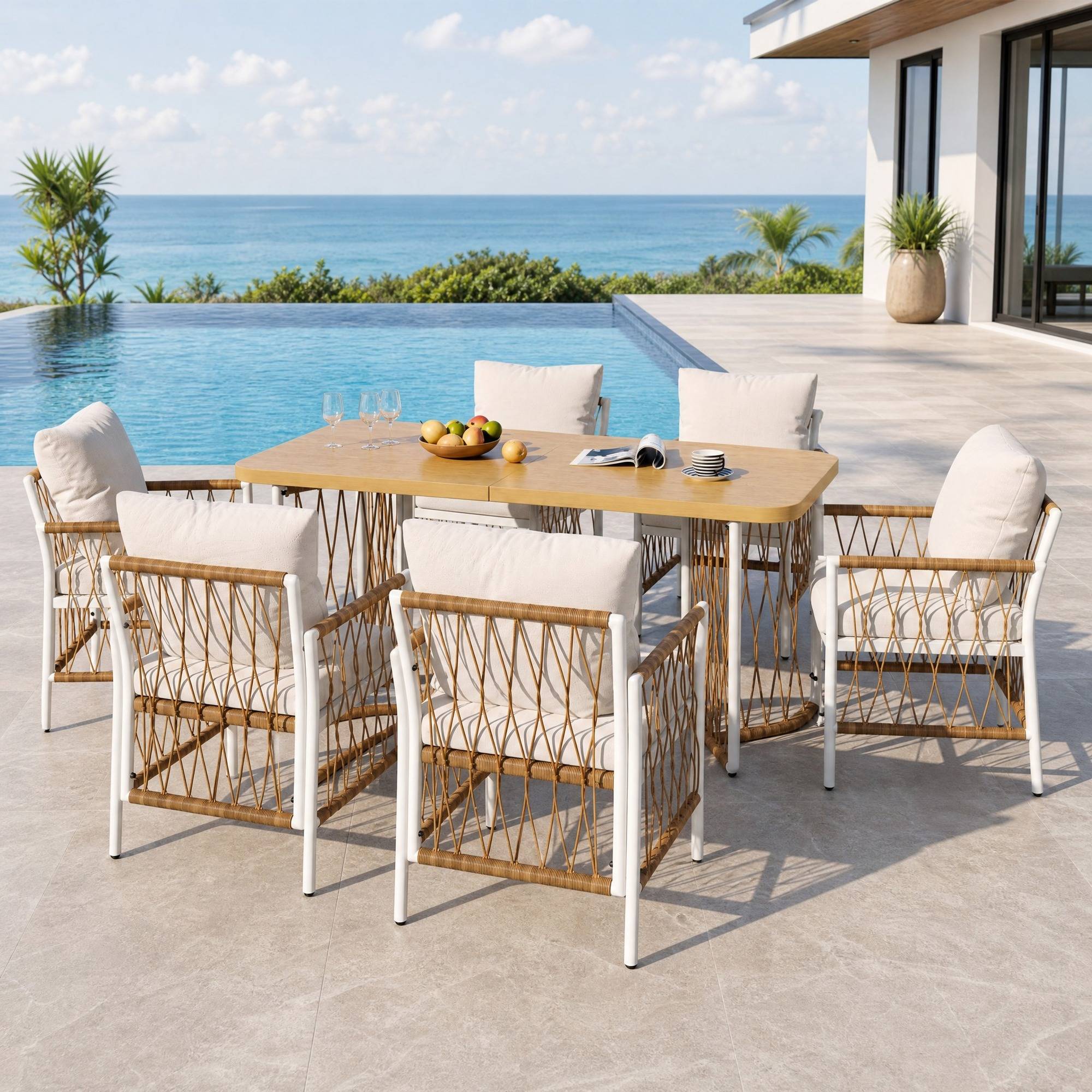 Ensemble Table et Chaise de Jardin avec 1 Table et 6 Chaises Polyester Beige - Image 3
