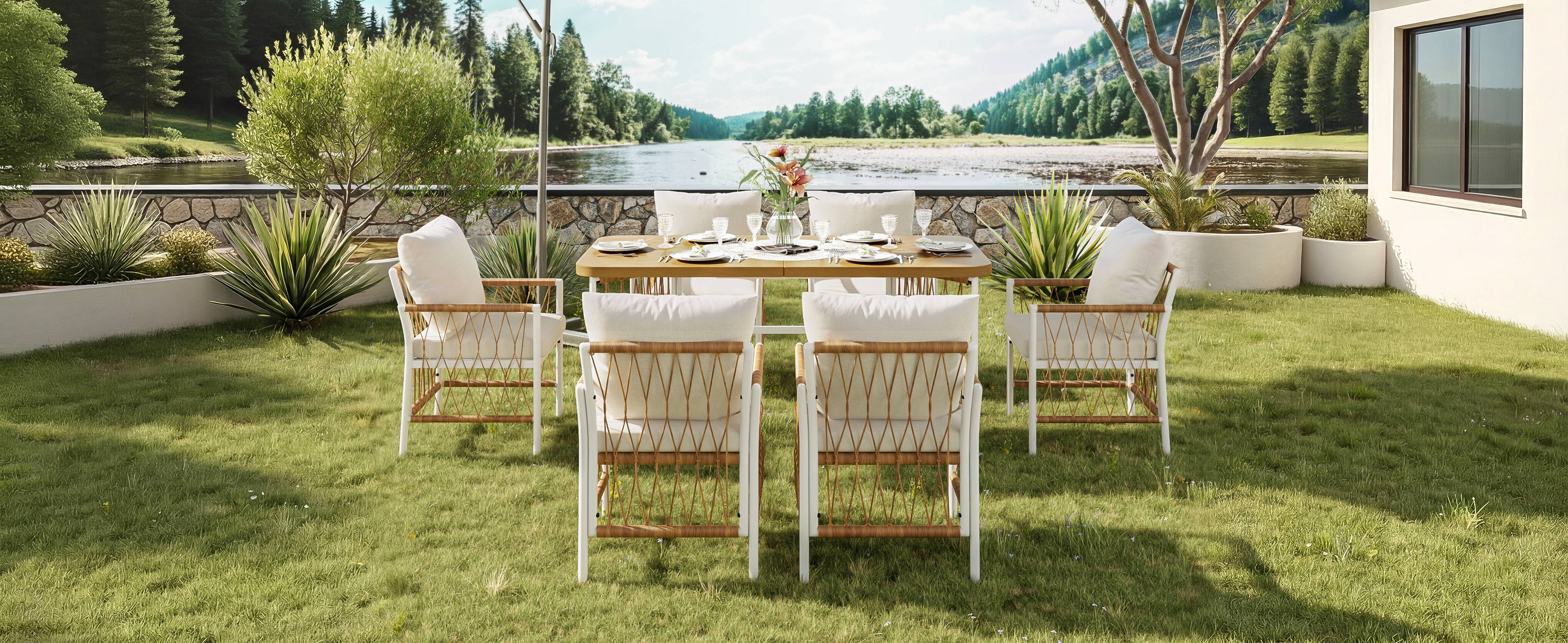Ensemble Table et Chaise de Jardin avec 1 Table et 6 Chaises Polyester Beige - Image 10