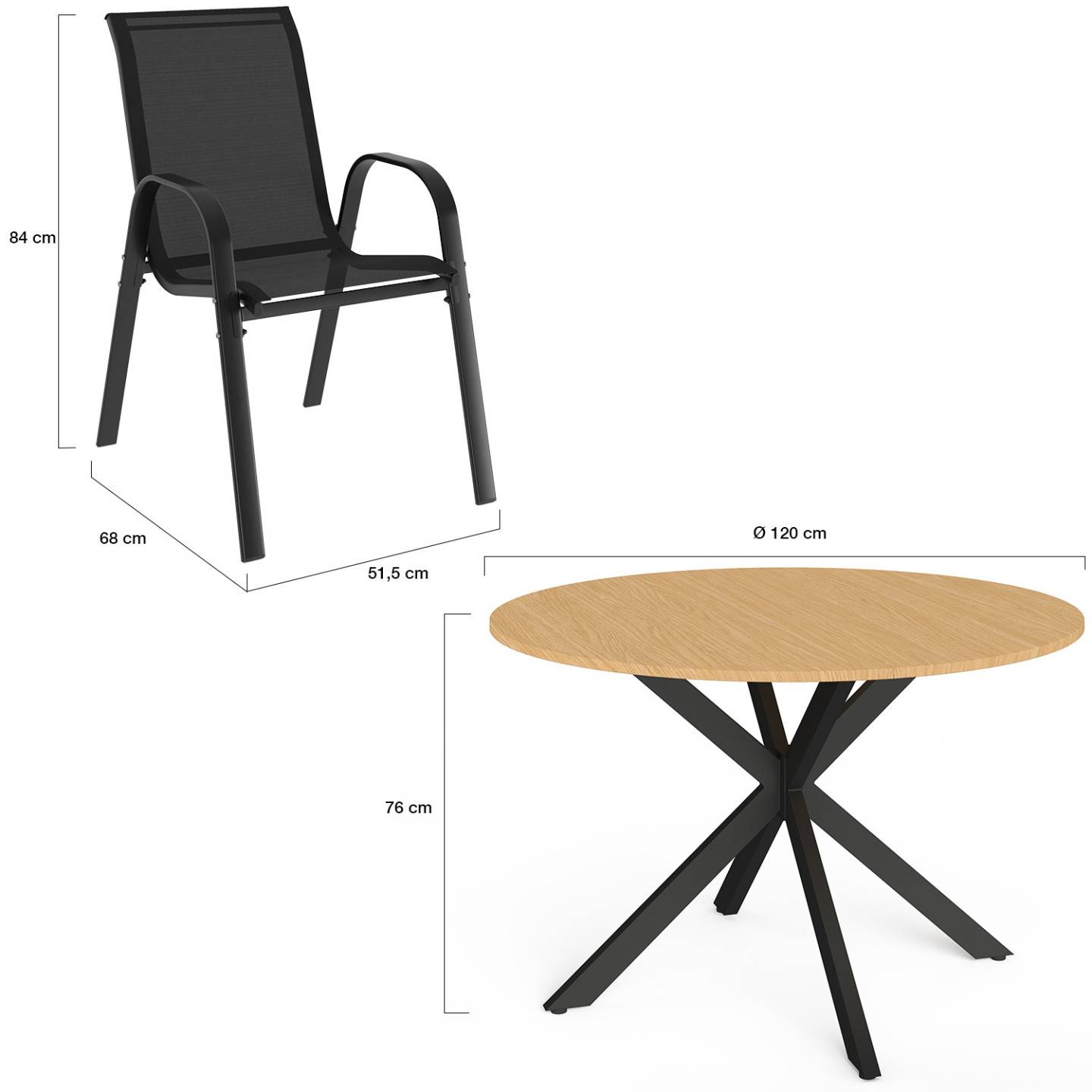 Salon de jardin MESSINA table ronde 120 cm pied araignée plateau métal effet bois et 6 chaises empilables noires - Image 5