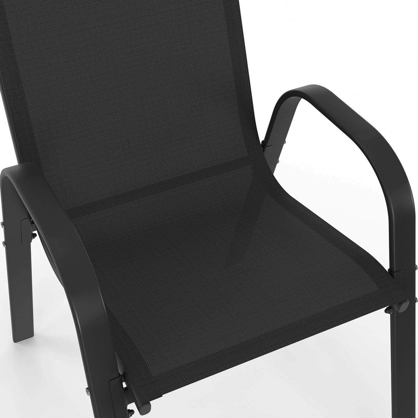 Salon de jardin MESSINA table ronde 120 cm pied araignée plateau métal effet bois et 6 chaises empilables noires - Image 7