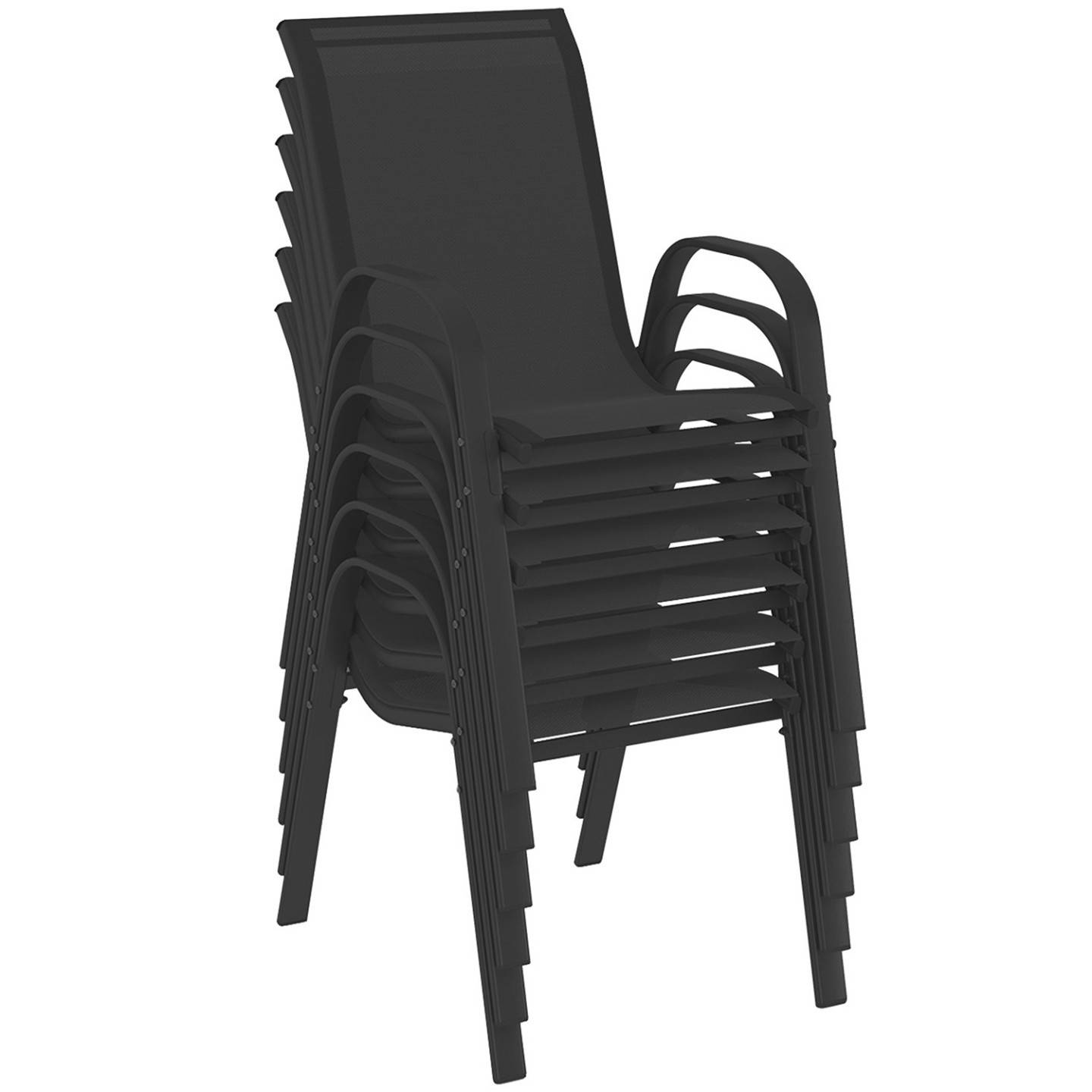 Salon de jardin MESSINA table ronde 120 cm pied araignée plateau métal effet bois et 6 chaises empilables noires - Image 4