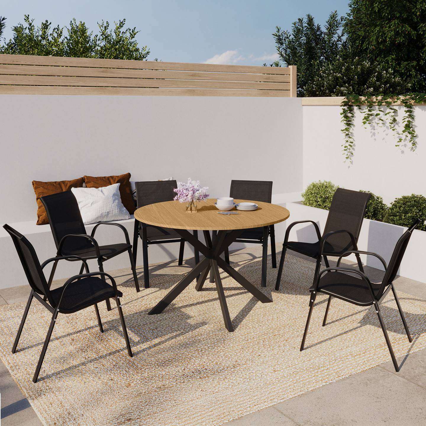Salon de jardin MESSINA table ronde 120 cm pied araignée plateau métal effet bois et 6 chaises empilables noires - Image 1