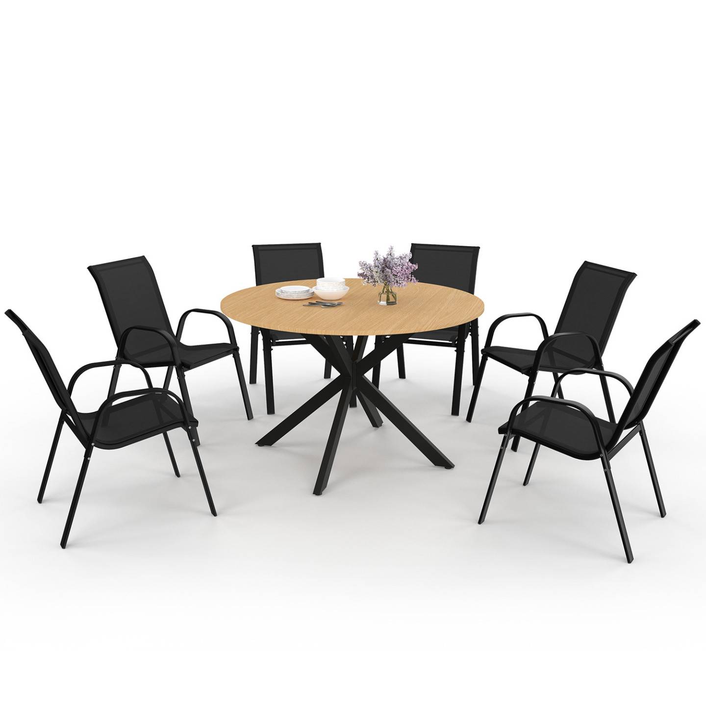 Salon de jardin MESSINA table ronde 120 cm pied araignée plateau métal effet bois et 6 chaises empilables noires - Image 2