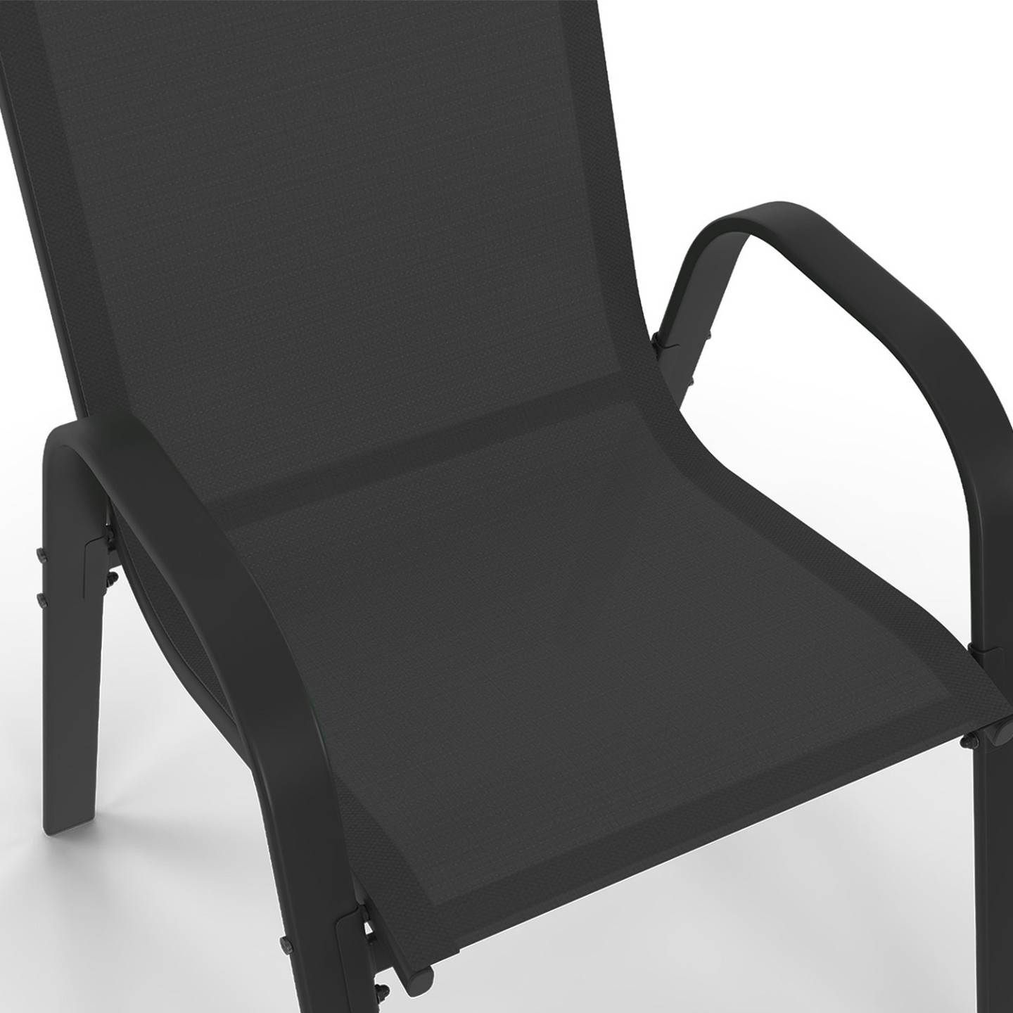 Salon de jardin MESSINA table ronde 120 cm pied araignée plateau métal effet bois et 6 chaises empilables noires - Image 8