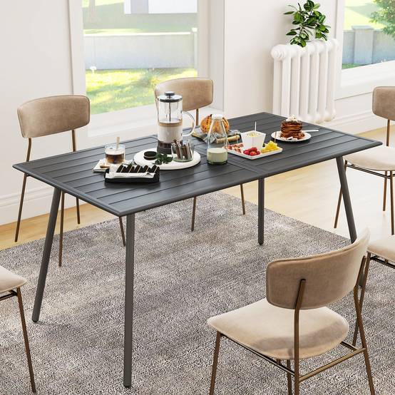 Table à manger de jardin pour 6 personnes avec plateau à lattes pour jardin, patio, terrasse, 150 x 80 x 74 cm, gris - Image 9
