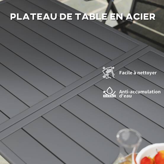 Table à manger de jardin pour 6 personnes avec plateau à lattes pour jardin, patio, terrasse, 150 x 80 x 74 cm, gris - Image 7