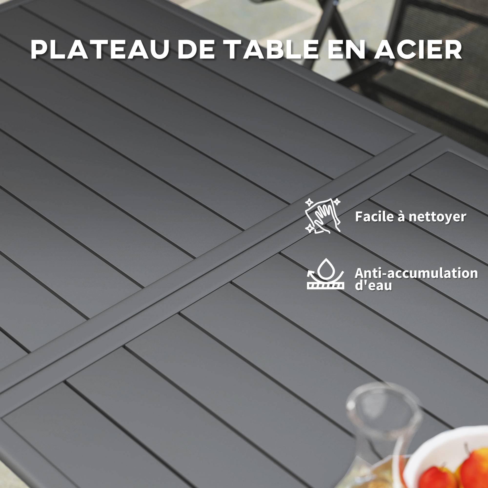 Table à manger de jardin pour 6 personnes avec plateau à lattes pour jardin, patio, terrasse, 150 x 80 x 74 cm, gris - Image 7