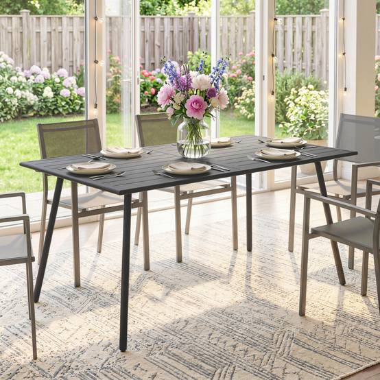 Table à manger de jardin pour 6 personnes avec plateau à lattes pour jardin, patio, terrasse, 150 x 80 x 74 cm, gris - Image 10