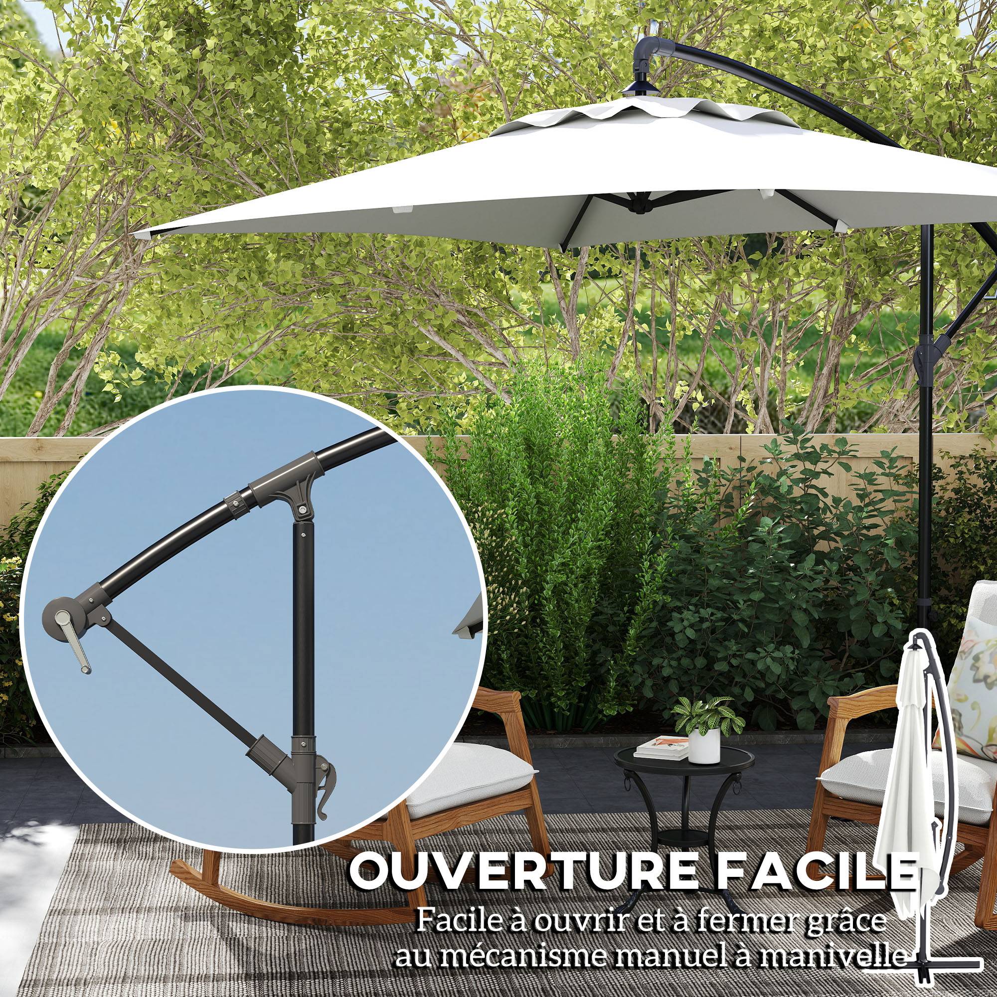 Parasol déporté parasol rectangulaire extérieur manivelle 6 baleine - 294x193x250cm Crème fr327 - Image 6