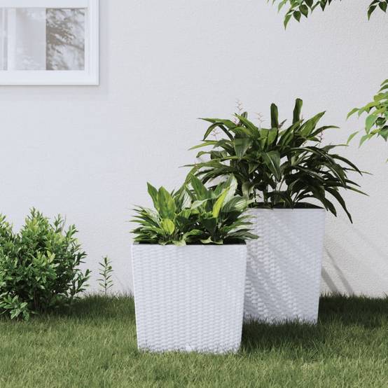ComfortXL - Pot carré plastique aspect rotin aménagement terrasse bac amovible 32x32cm blanc - ComfortXL Outdoor Living - Image 1
