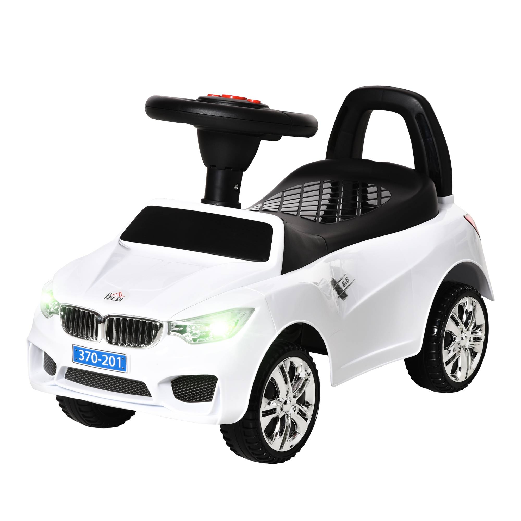 Porteur enfants voiture, véhicule à pousser avec coffre à jouets, klaxon, phares et musique, 63,5 x 28 x 36 cm, blanc - Image 2