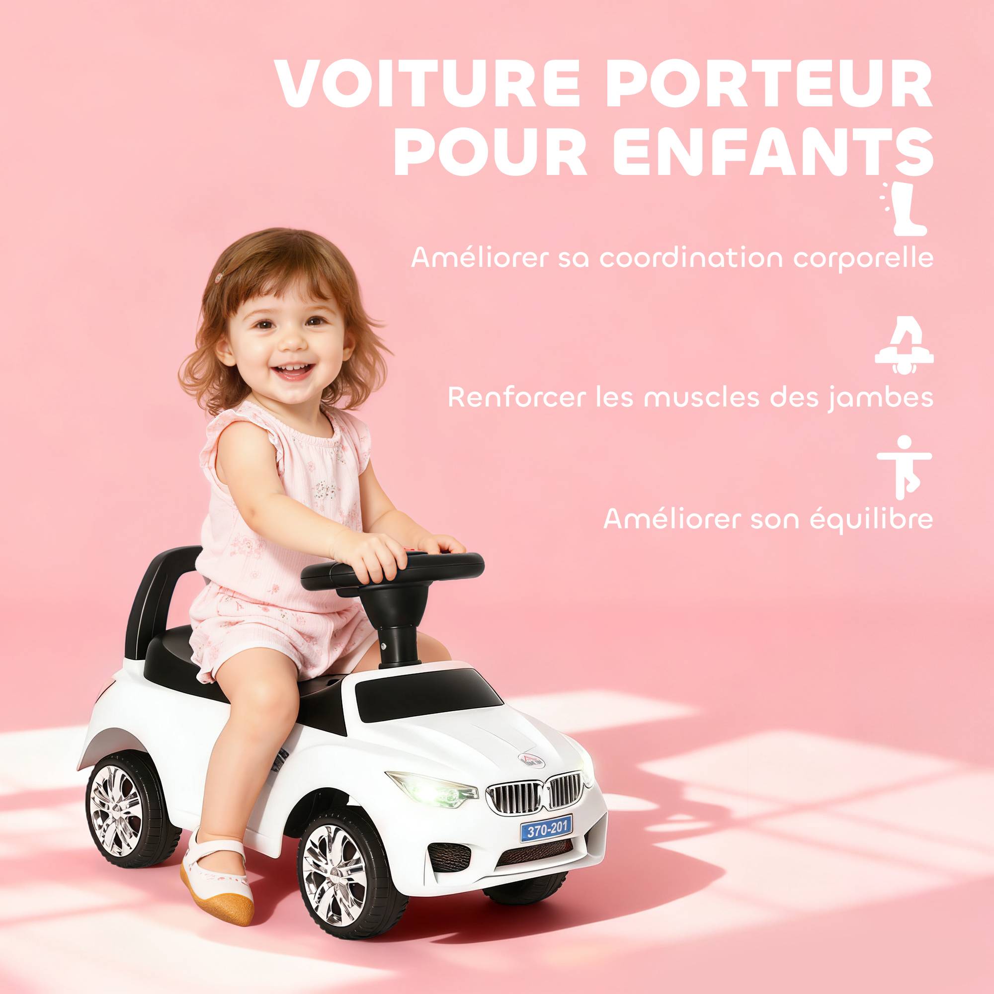 Porteur enfants voiture, véhicule à pousser avec coffre à jouets, klaxon, phares et musique, 63,5 x 28 x 36 cm, blanc - Image 6