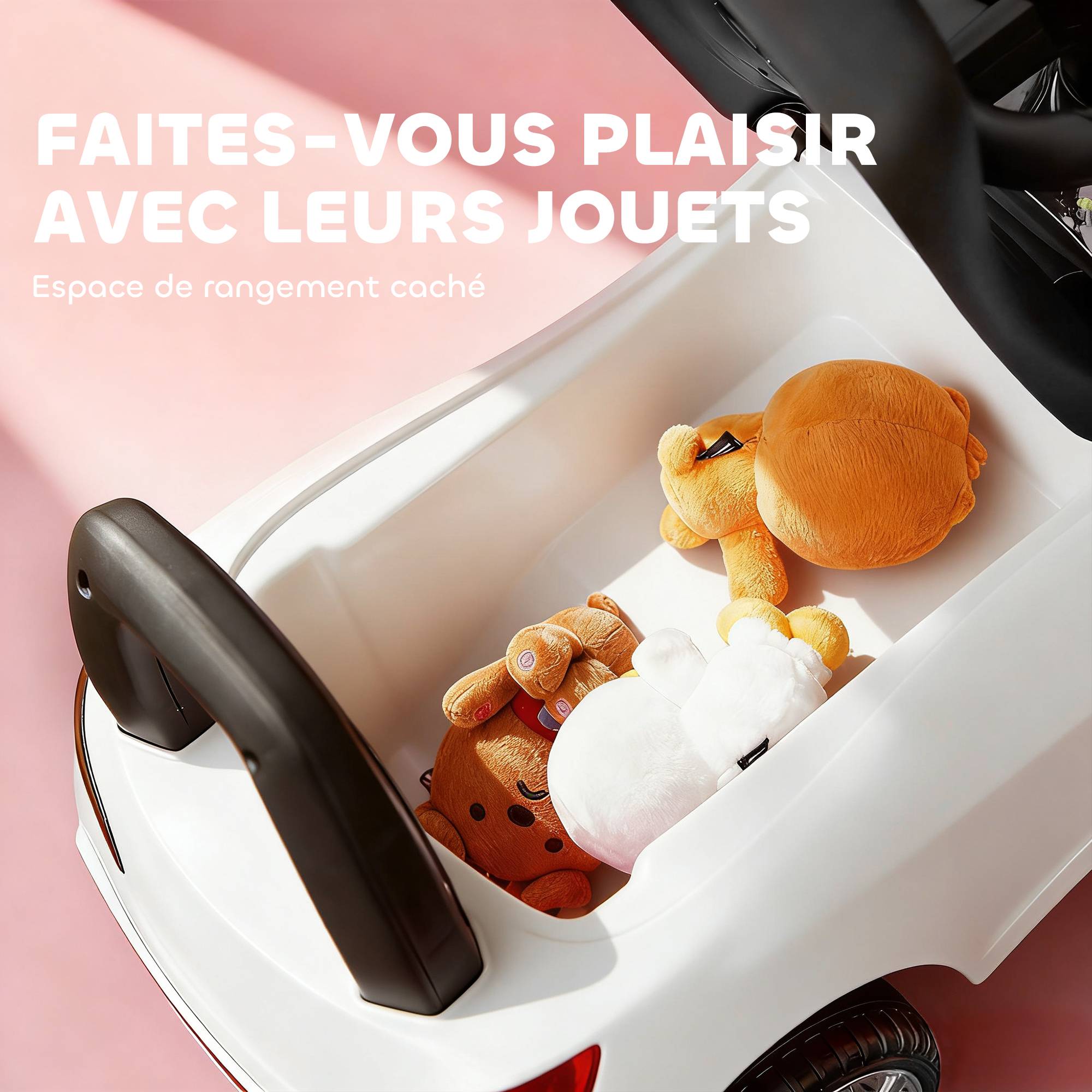 Porteur enfants voiture, véhicule à pousser avec coffre à jouets, klaxon, phares et musique, 63,5 x 28 x 36 cm, blanc - Image 8