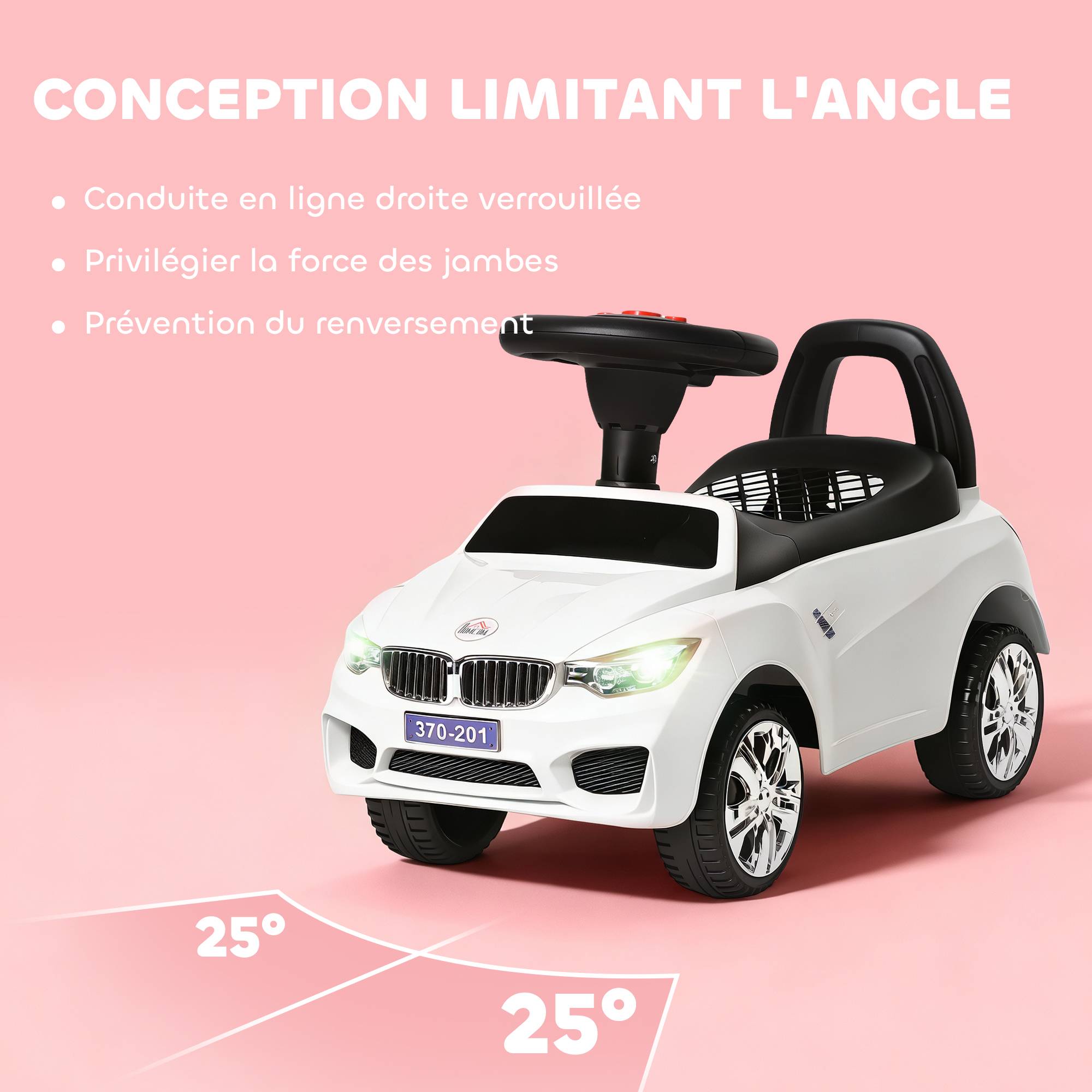 Porteur enfants voiture, véhicule à pousser avec coffre à jouets, klaxon, phares et musique, 63,5 x 28 x 36 cm, blanc - Image 9
