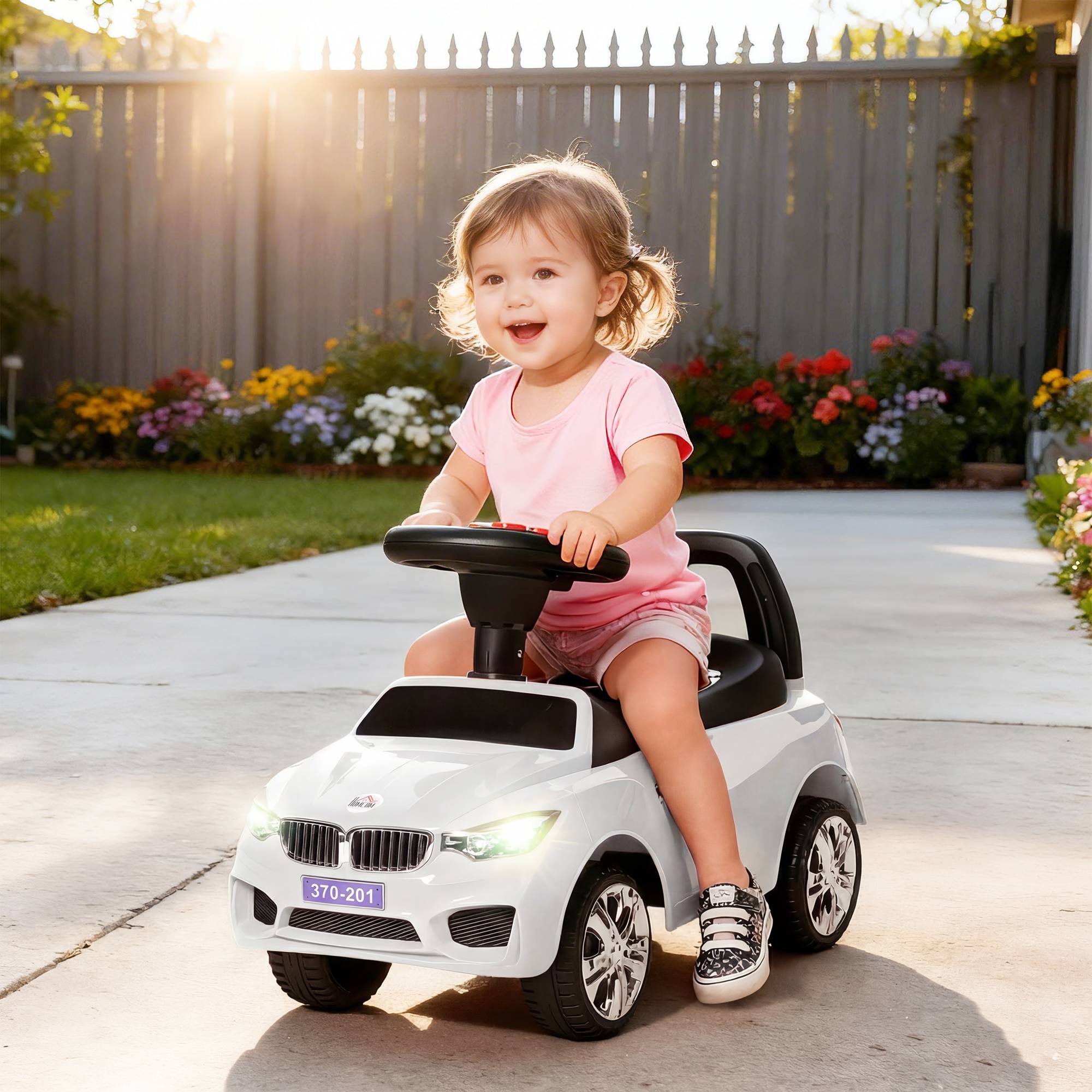 Porteur enfants voiture, véhicule à pousser avec coffre à jouets, klaxon, phares et musique, 63,5 x 28 x 36 cm, blanc - Image 3