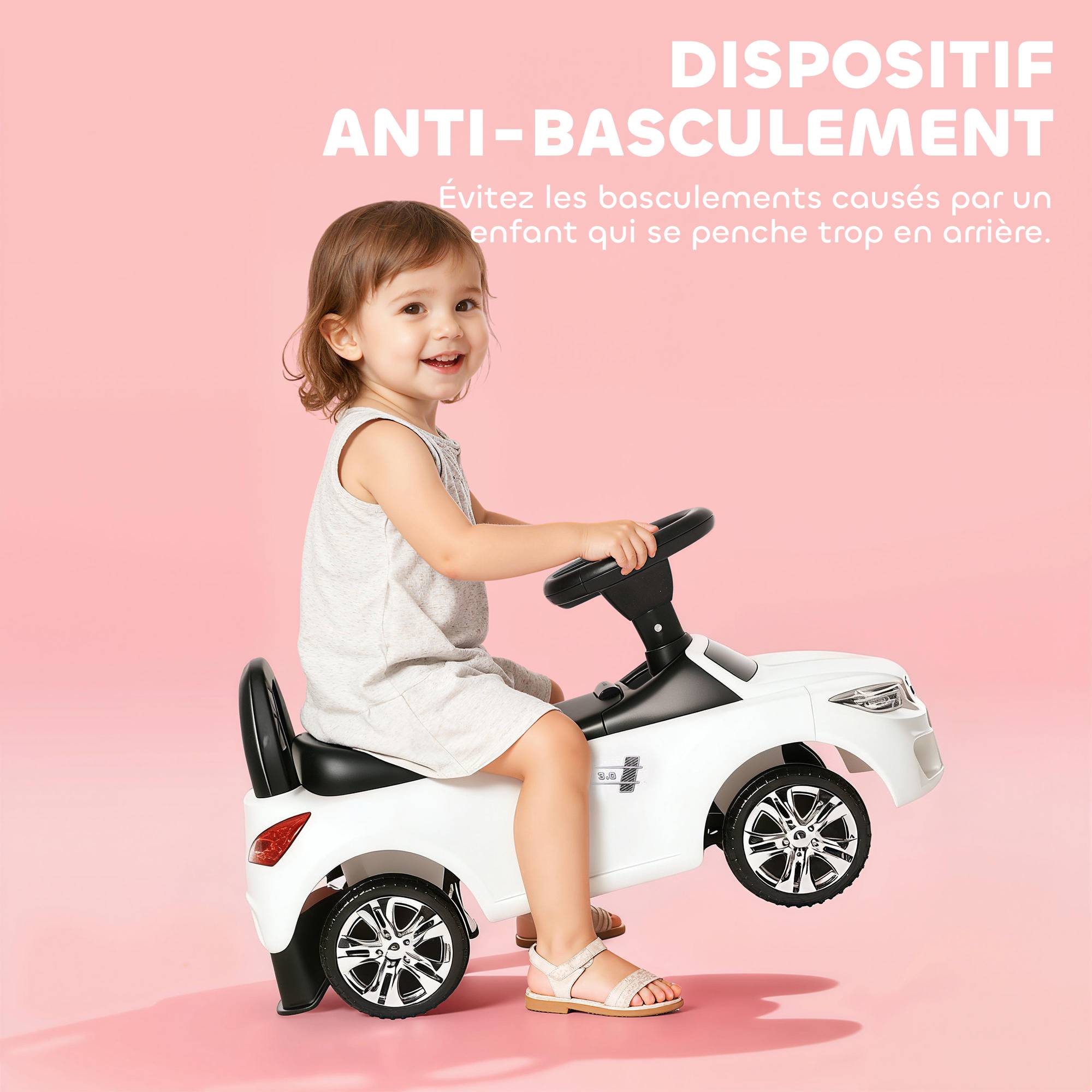 Porteur enfants voiture, véhicule à pousser avec coffre à jouets, klaxon, phares et musique, 63,5 x 28 x 36 cm, blanc - Image 7