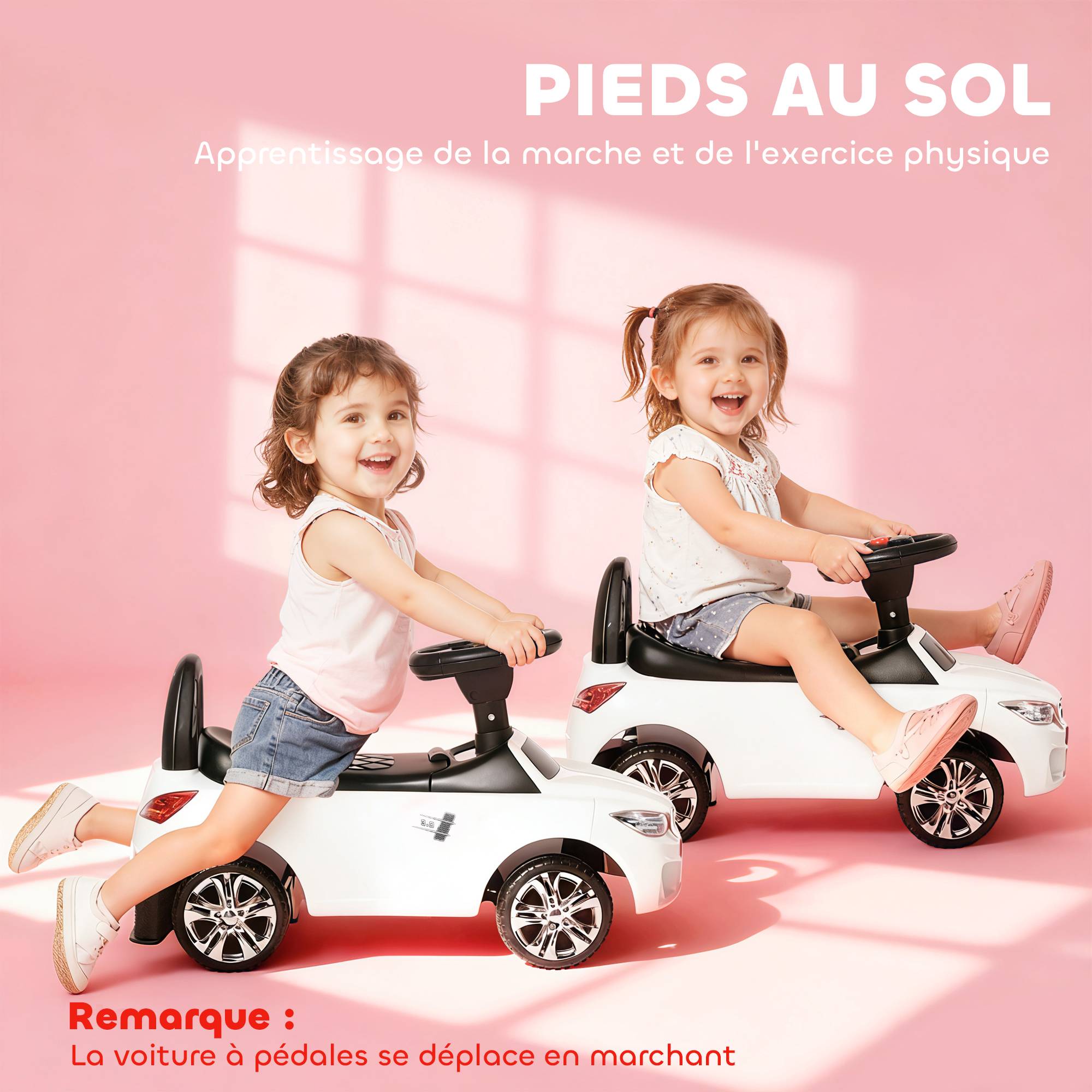 Porteur enfants voiture, véhicule à pousser avec coffre à jouets, klaxon, phares et musique, 63,5 x 28 x 36 cm, blanc - Image 10