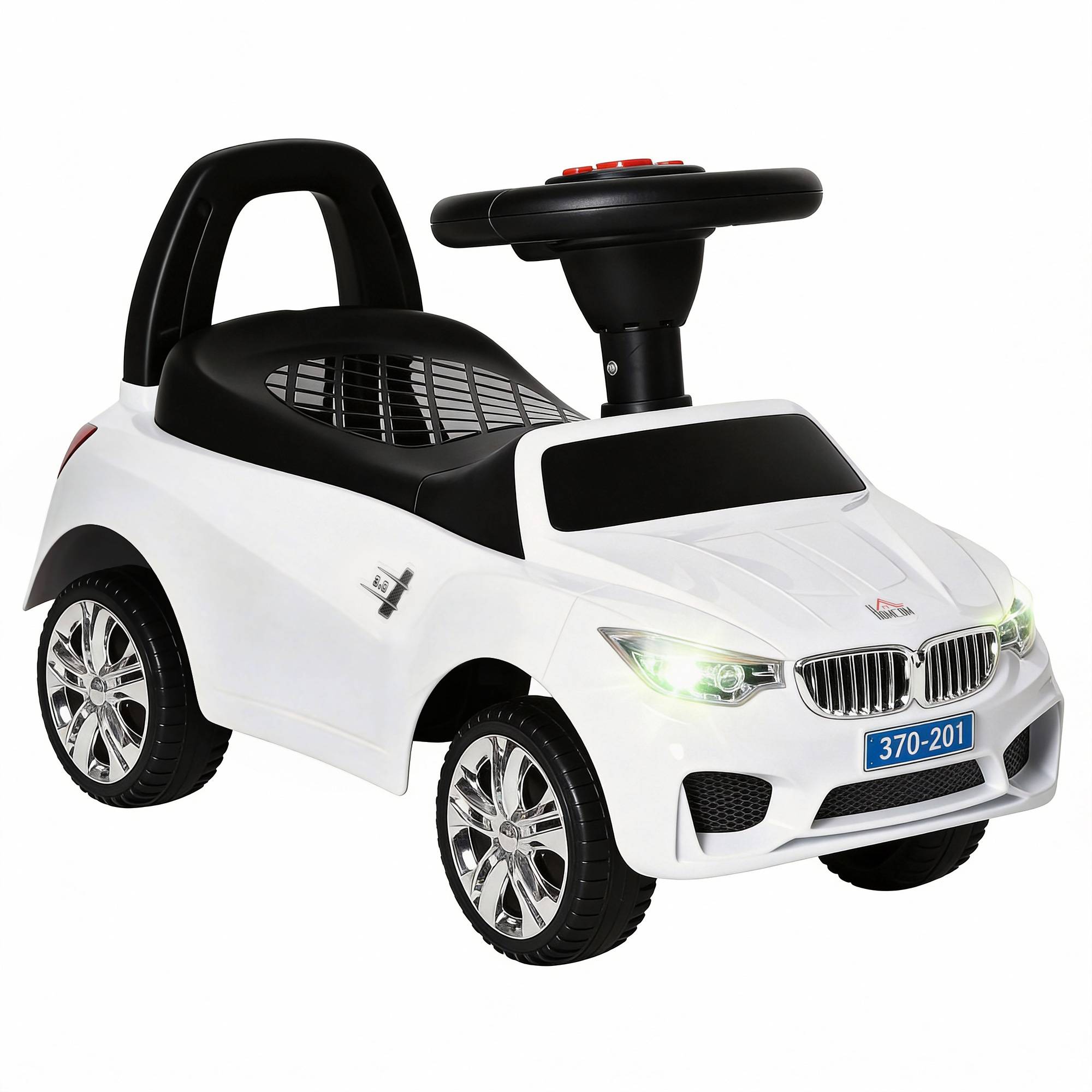 Porteur enfants voiture, véhicule à pousser avec coffre à jouets, klaxon, phares et musique, 63,5 x 28 x 36 cm, blanc - Image 1