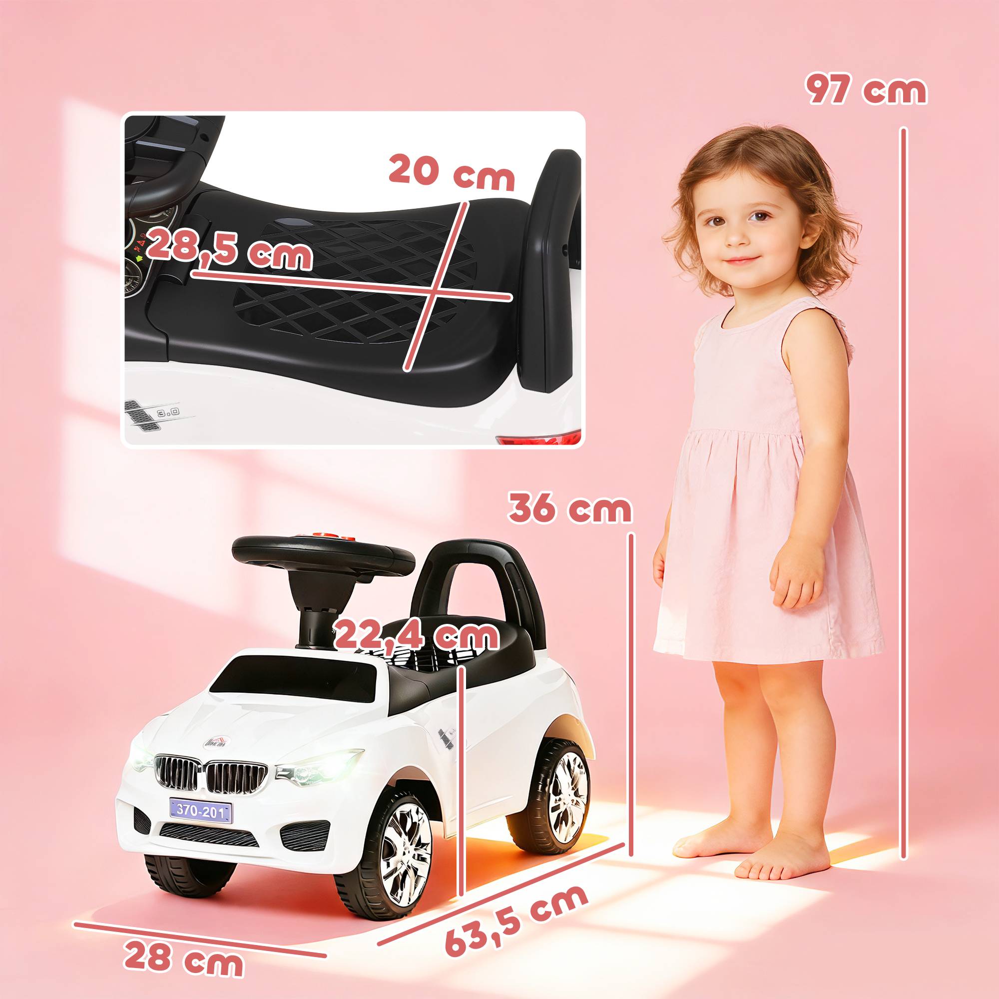 Porteur enfants voiture, véhicule à pousser avec coffre à jouets, klaxon, phares et musique, 63,5 x 28 x 36 cm, blanc - Image 5