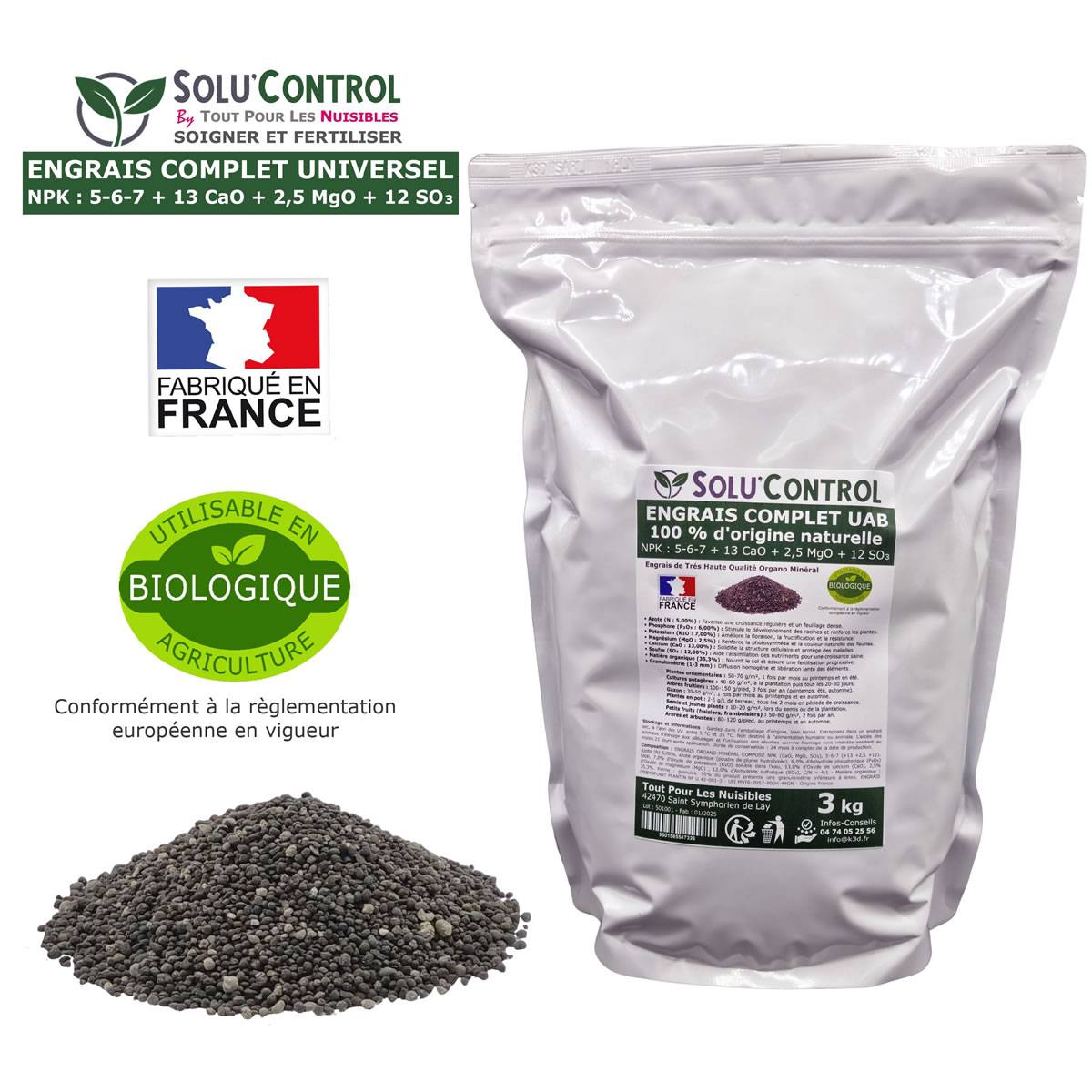 SOLU’CONTROL - 3 kg d'ENGRAIS COMPLET universel et équilibré - UAB - Utilisable en Agriculture Biologique - Image 2