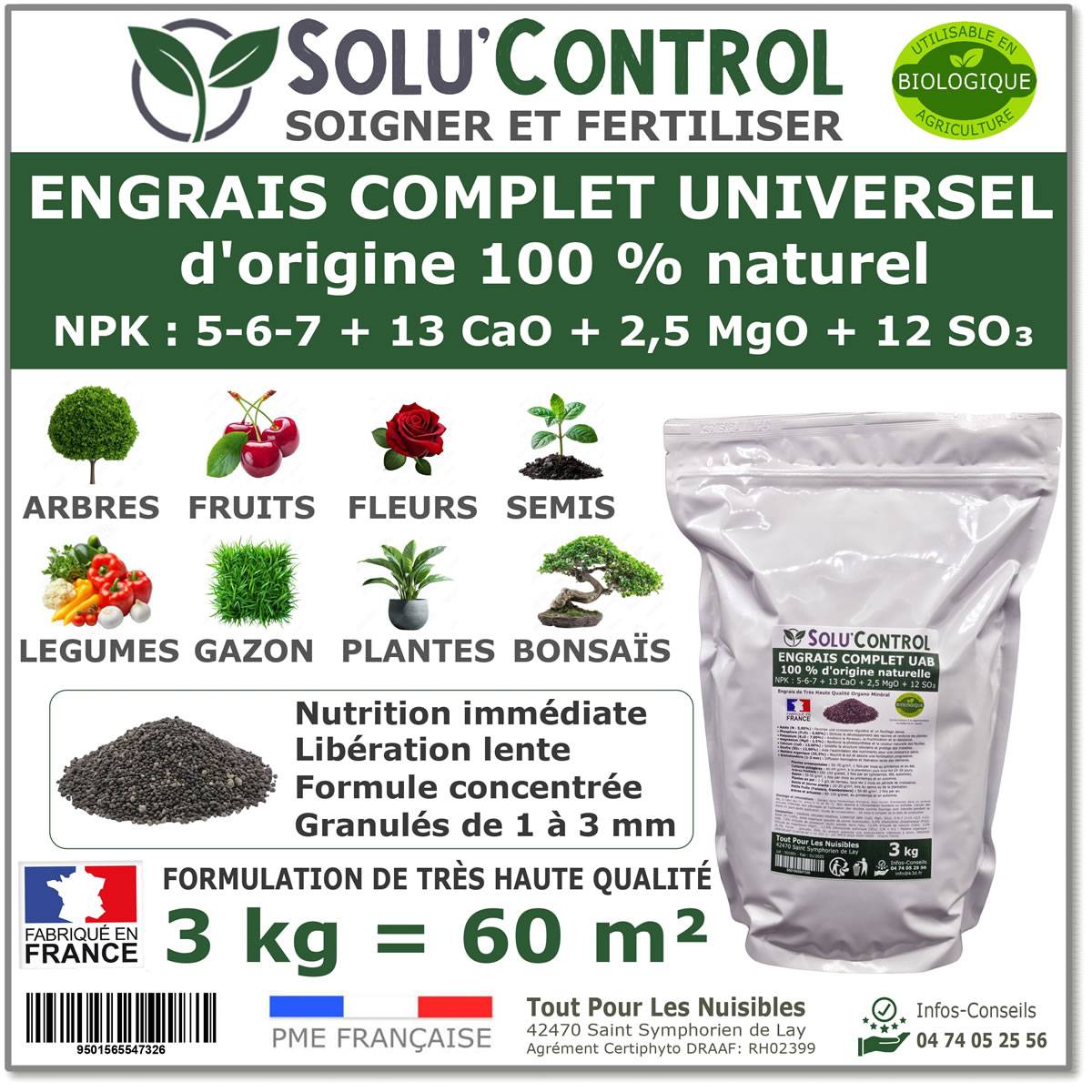 SOLU’CONTROL - 3 kg d'ENGRAIS COMPLET universel et équilibré - UAB - Utilisable en Agriculture Biologique - Image 1
