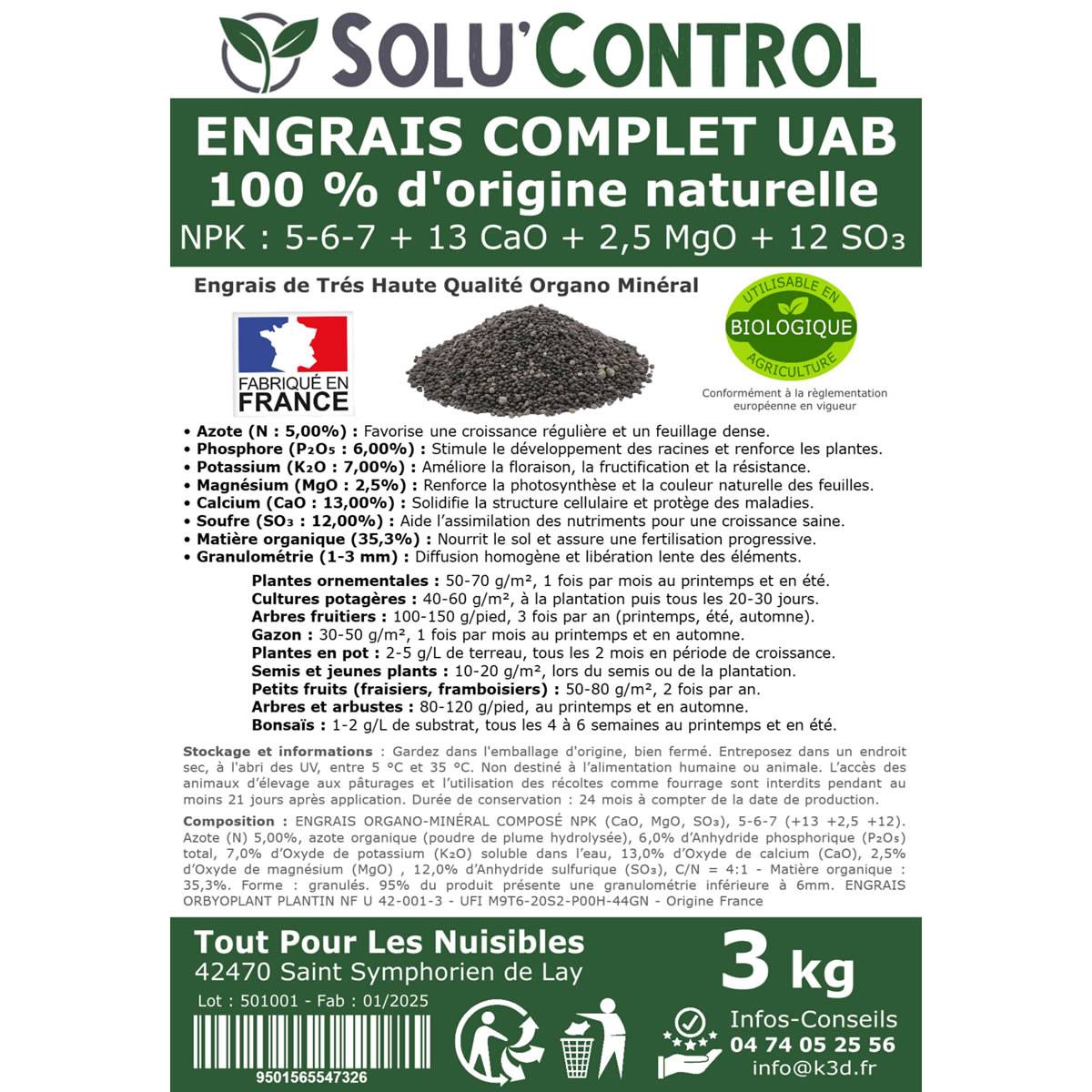 SOLU’CONTROL - 3 kg d'ENGRAIS COMPLET universel et équilibré - UAB - Utilisable en Agriculture Biologique - Image 3