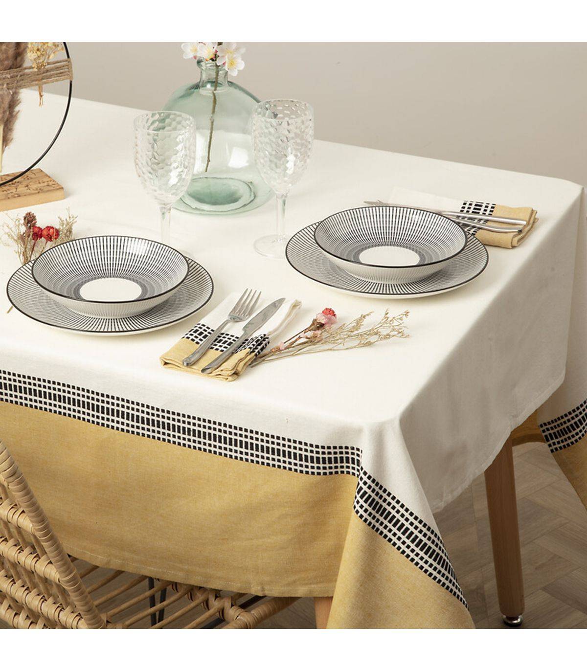 Atmosphera - Nappe en coton bicolore Blanc et Jaune 150 x 250 cm - Image 3