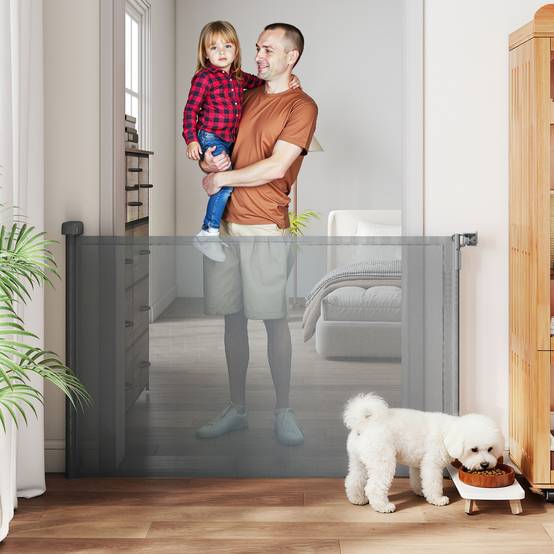 Barrière de sécurité rétractable pour chien, extensible jusqu'à 140 cm de large, pour escaliers et portes, grise - Image 3