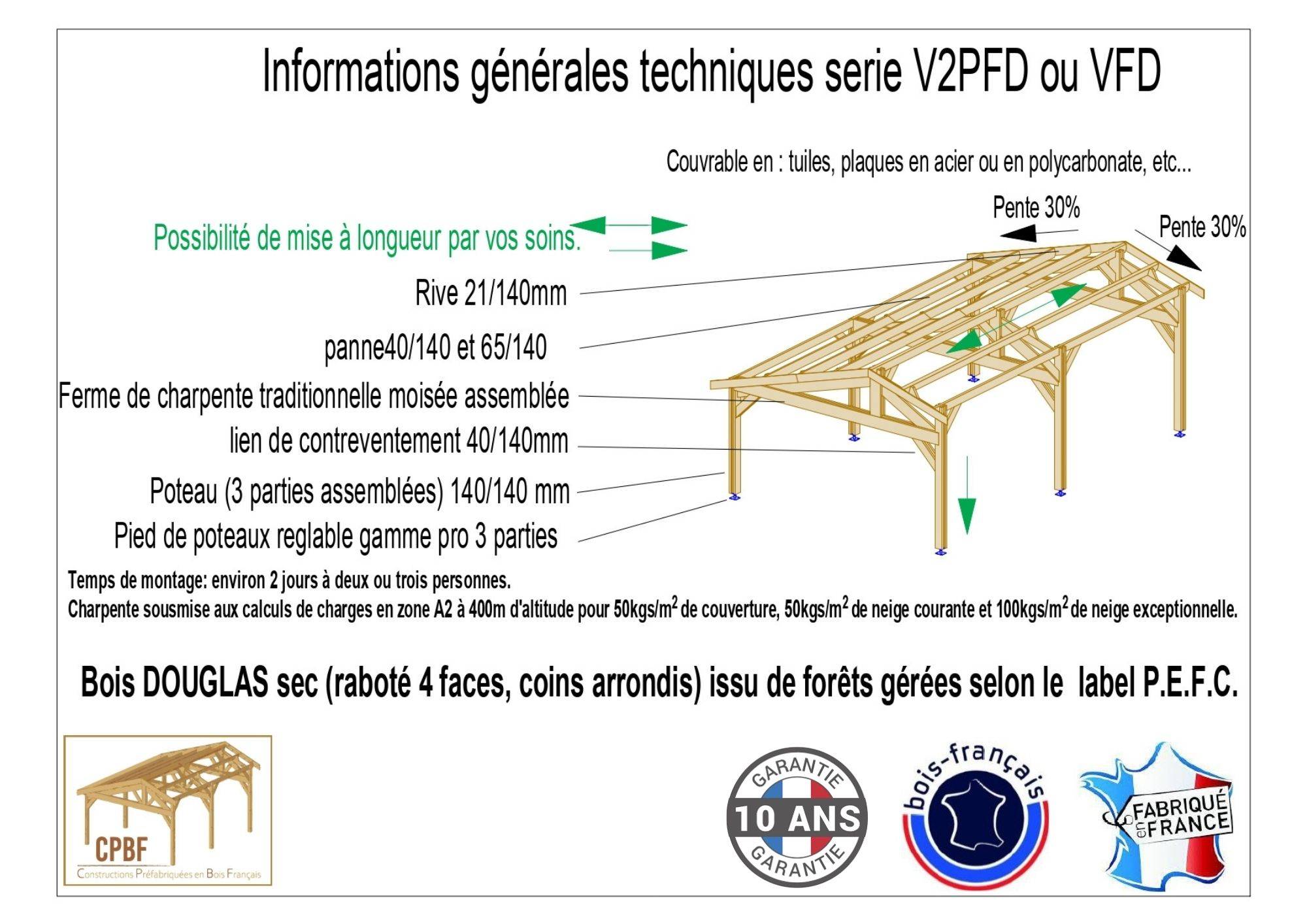 Cpbf Charpentes - Carport Bois Deux Pentes Faitage Décalé 20M2 - Garantie 10 ans500cmx400cm, Bois DOUGLAS Français (Charpente en bois-auvent-abri voiture). - Image 3