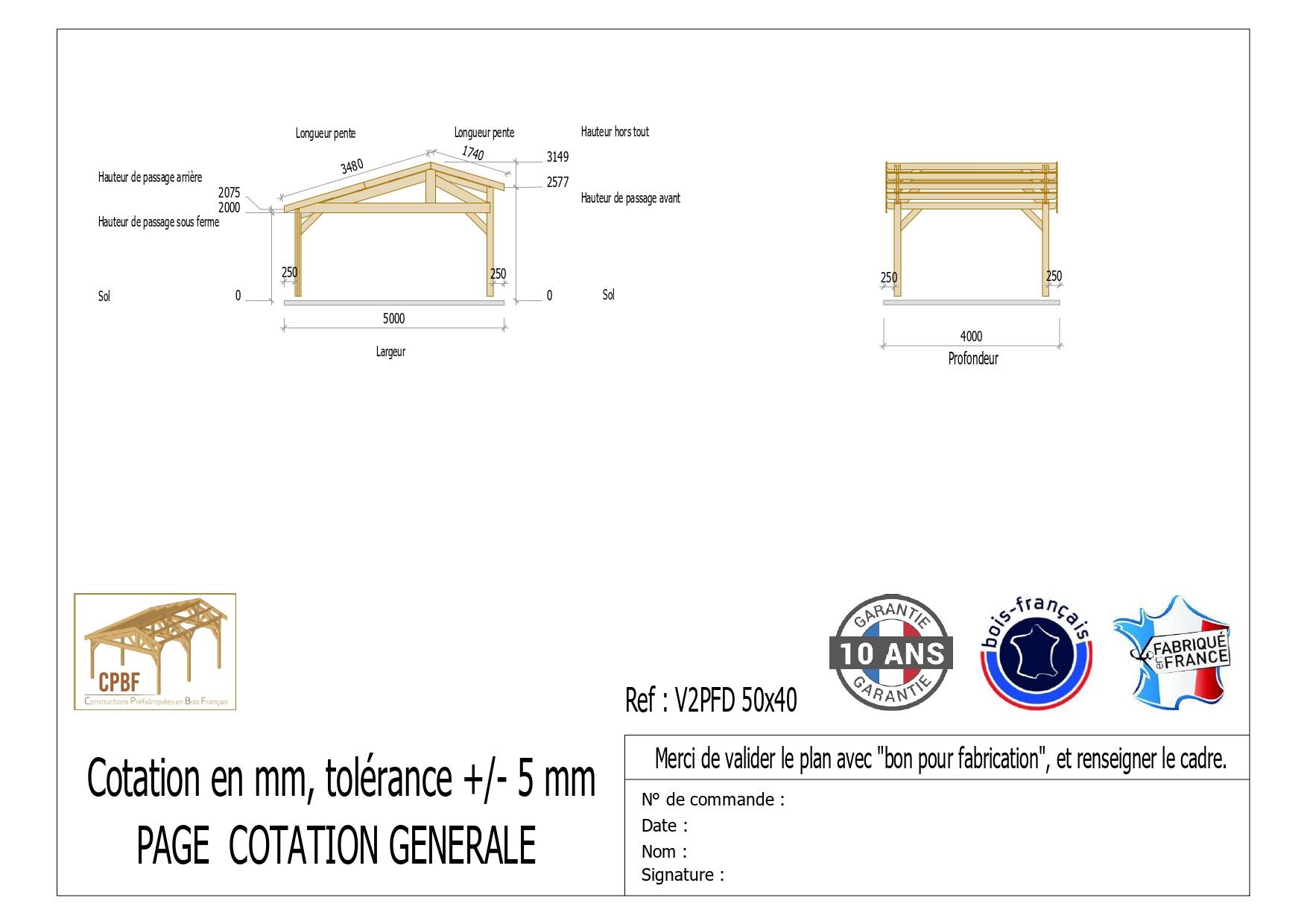 Cpbf Charpentes - Carport Bois Deux Pentes Faitage Décalé 20M2 - Garantie 10 ans500cmx400cm, Bois DOUGLAS Français (Charpente en bois-auvent-abri voiture). - Image 2