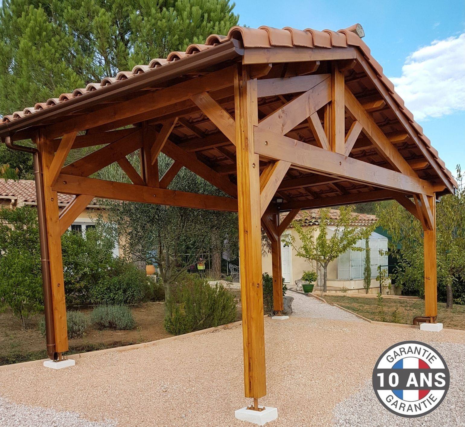 Cpbf Charpentes - Carport Bois Deux Pentes Faitage Décalé 20M2 - Garantie 10 ans500cmx400cm, Bois DOUGLAS Français (Charpente en bois-auvent-abri voiture). - Image 1
