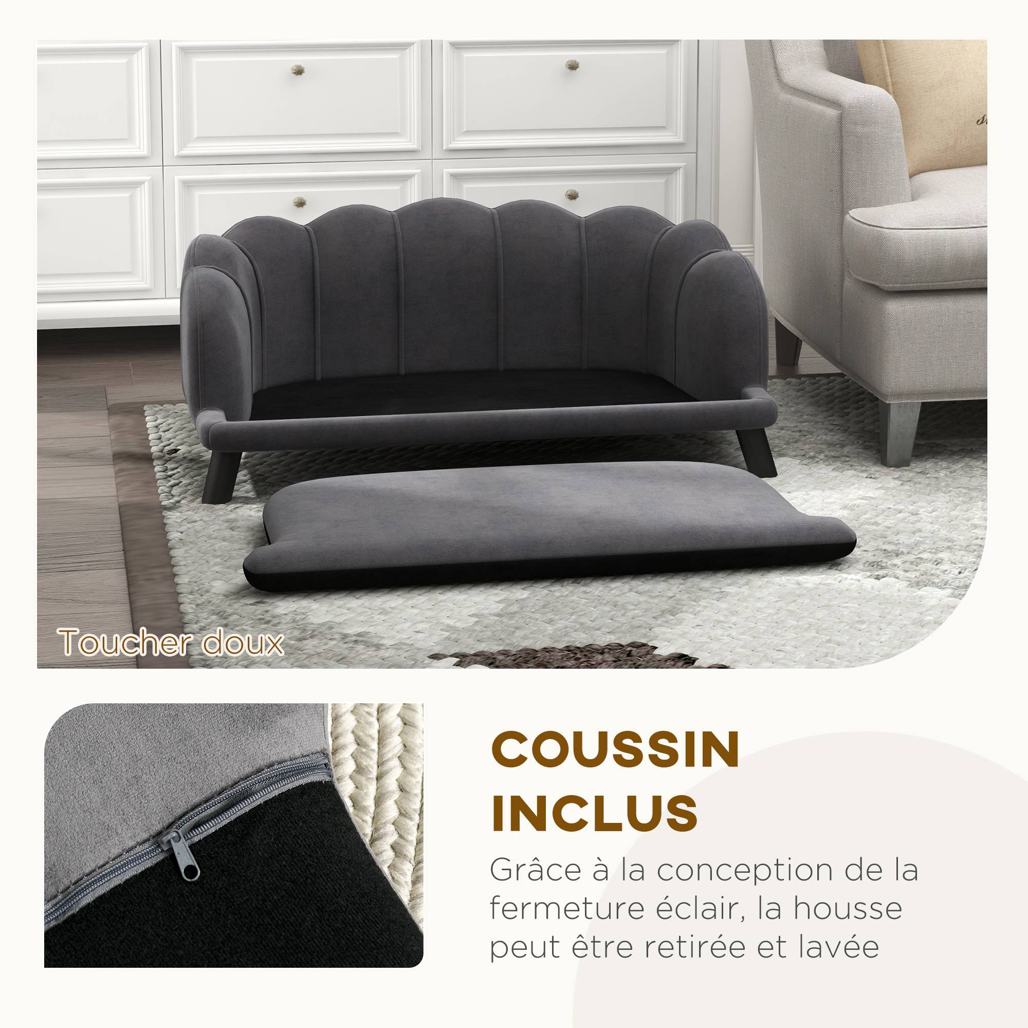 Sans Marque - Canapé chien lit pour chien chat coquillage 98L x 60l x 35H cm coussin moelleux velours gris - Image 9