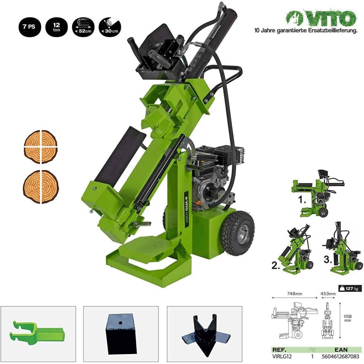 Fendeuse à bois thermique 12 tonnes Bûches Longueur 52cm Ø30cm Moteur essence 4T 7CV VITO - Image 5