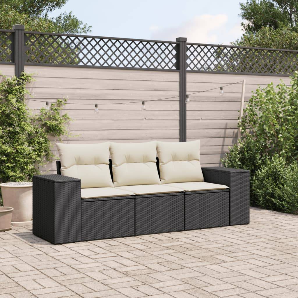 Canapé de jardin 3 places en poly rotin avec coussins déhoussables pour extérieur Noir/Crème – ComfortXL Outdoor Living - Image 1
