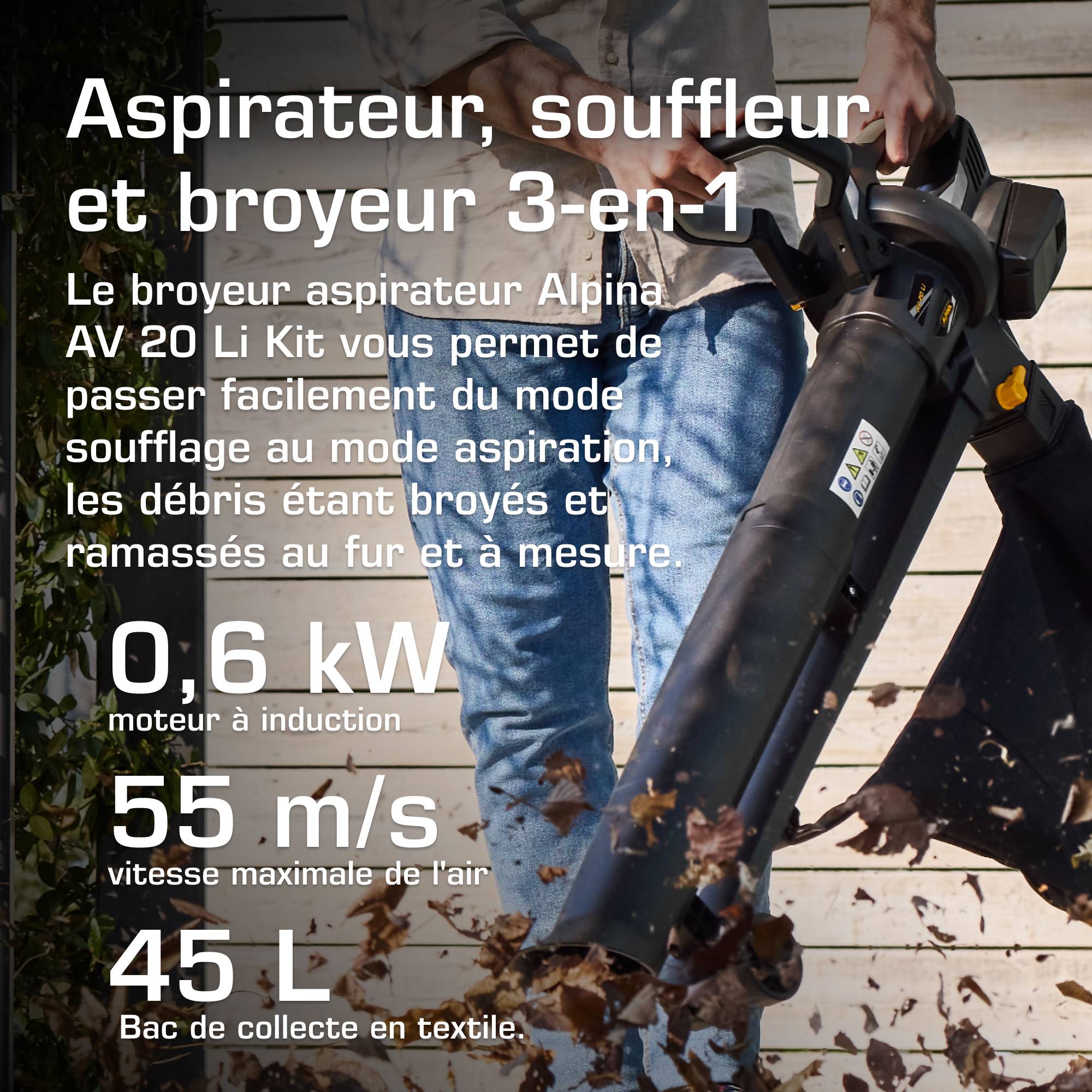 Alpina - Kit Souffleur/Aspirateur/Broyeur AV 20 Li, 20 V (0,6 kW), inclut 2 batteries 4 Ah + double chargeur, bac de ramassage 45 L - Alpina - Image 2