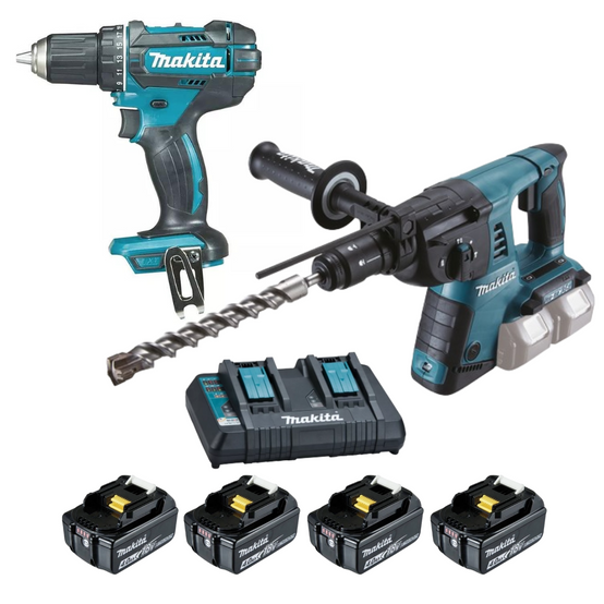 Perceuse visseuse DDF482 + Perforateur burineur SDS-PLUS DHR264 - MAKITA - avec 4 batteries 18V 4.0Ah + chargeur double - LOT0234 - Image 1