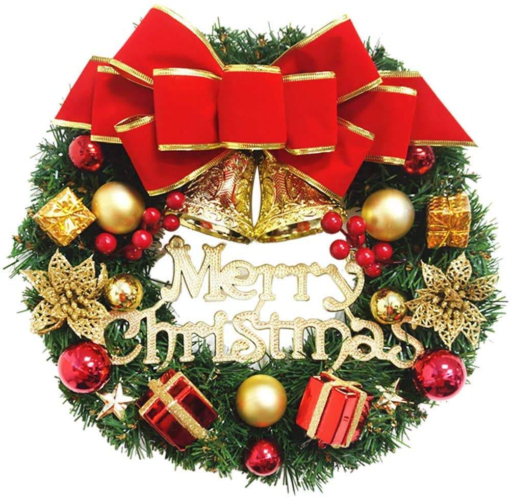 Couronne de Noël de 30 cm avec boules et nœud, décoration de Noël, couronne de porte de Noël artificielle avec cloches, guirlande de joyeux Noël - Image 1