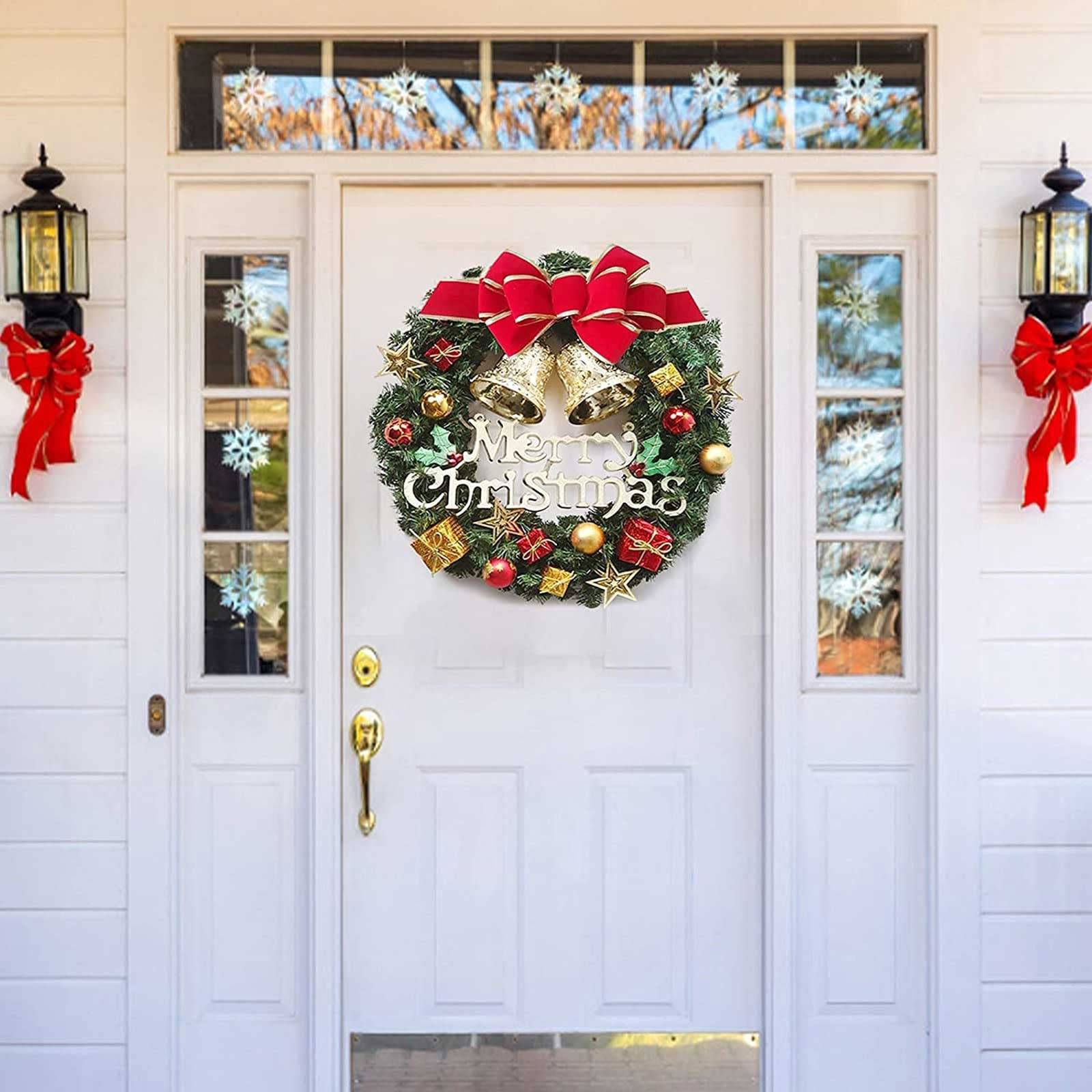 Couronne de Noël de 30 cm avec boules et nœud, décoration de Noël, couronne de porte de Noël artificielle avec cloches, guirlande de joyeux Noël - Image 2