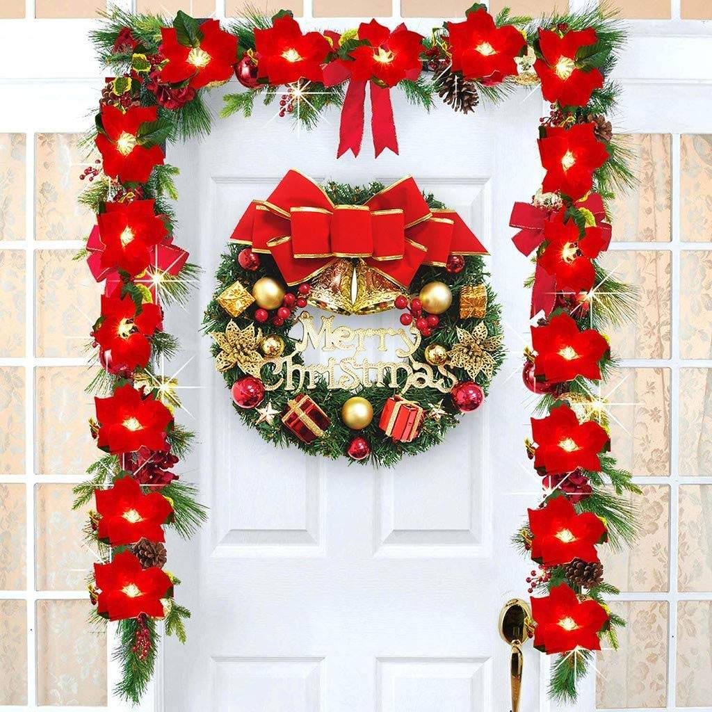 Couronne de Noël de 30 cm avec boules et nœud, décoration de Noël, couronne de porte de Noël artificielle avec cloches, guirlande de joyeux Noël - Image 4