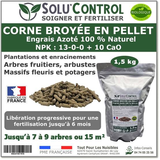 SOLU’CONTROL - 1,5 kg de Corne Broyée en Pellet - Formulation haute qualité Organo-Minerale - Engrais Azoté 100% Naturel- UAB - Image 1