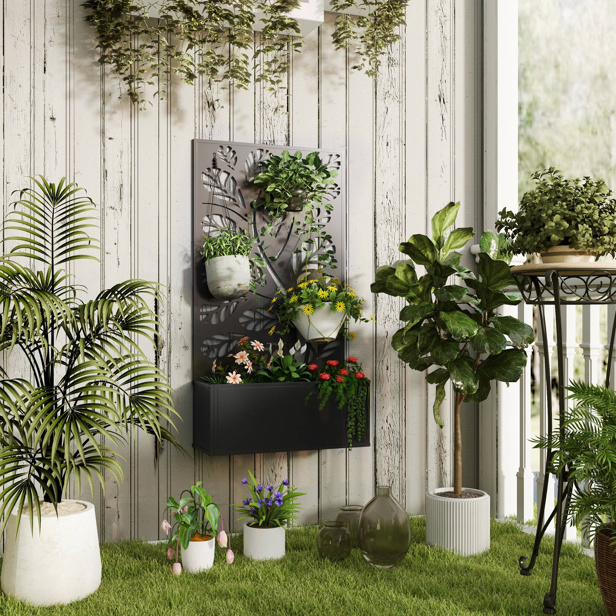 Jardinière avec brise-vue paravent treillis pour Plante Grimpante, bac à Fleurs - dim. 61L x 23l x 113H cm - Image 3
