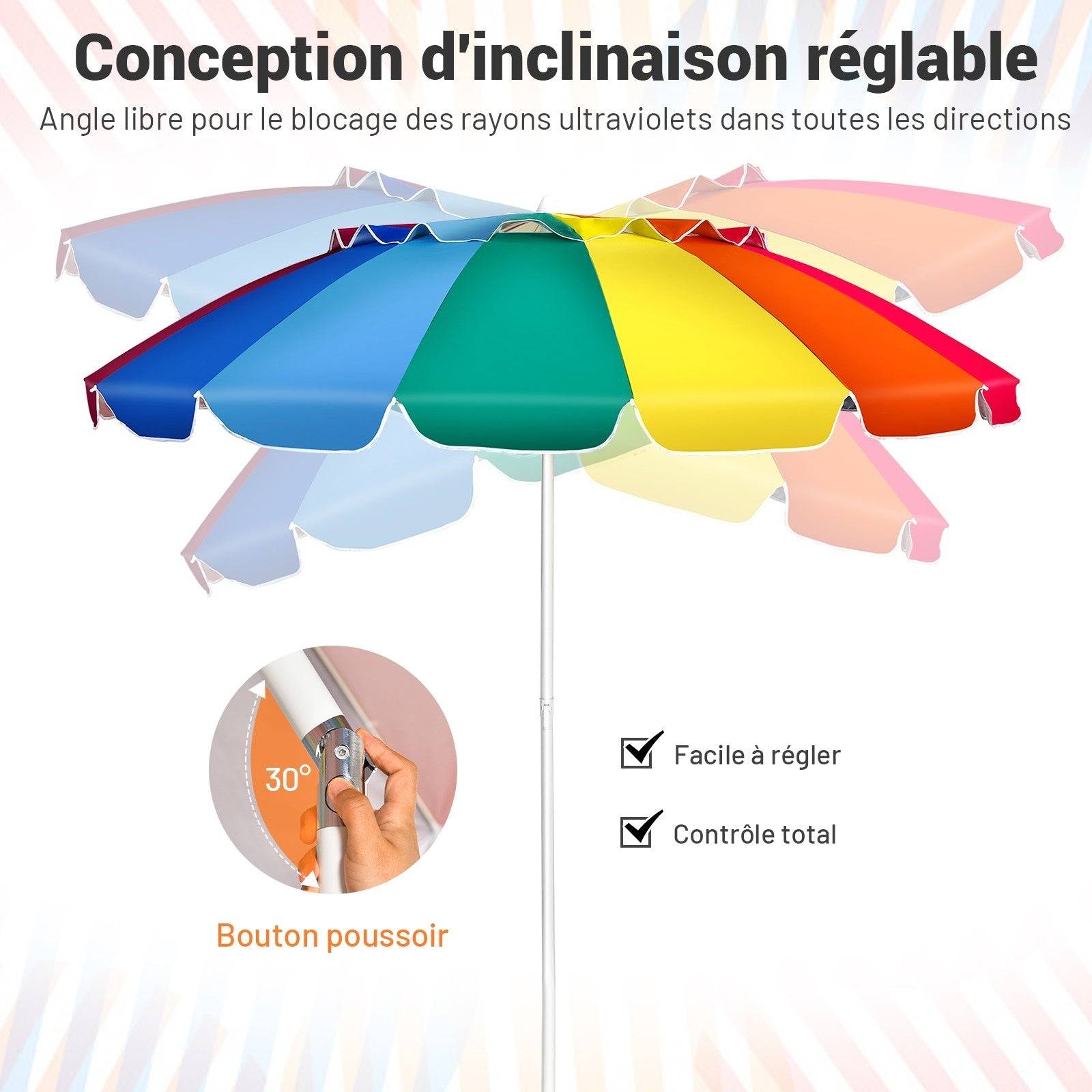 Helloshop26 - Parasol de plage inclinable 2,45 m protection upf 50+ baleines en fibre de verre avec sac pied amovible multicolore - Image 3