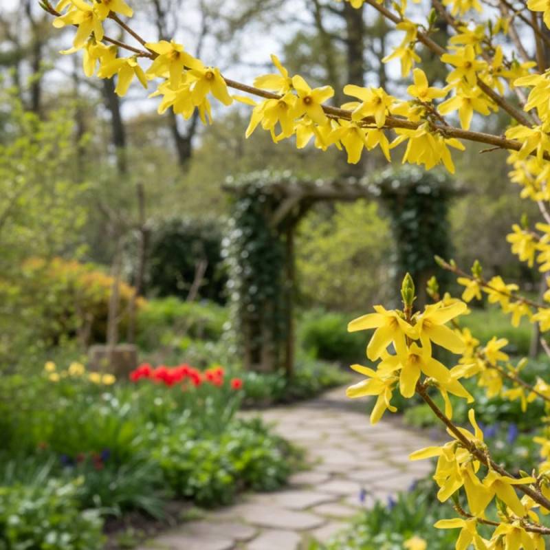 Forsythia Lynwood, Mimosa de Paris à fleurs Jaune - feuillage Caduc - Pot de 7,5L - 60/80 cm-  hauteur à maturité De 1,50 m à 2,00 m - Image 3