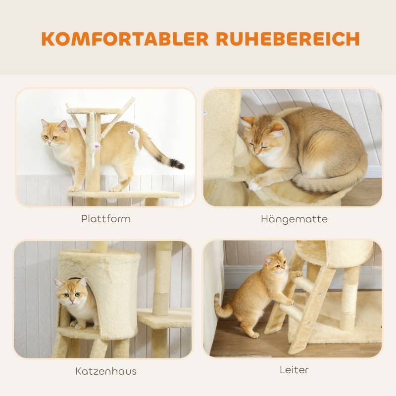 Grattier pour chat avec cachette, 4 jouets, colonnes en sisal, grande plateforme, échelle,60 x 35 x 134 cm, Beige - PANGIVO - Image 5