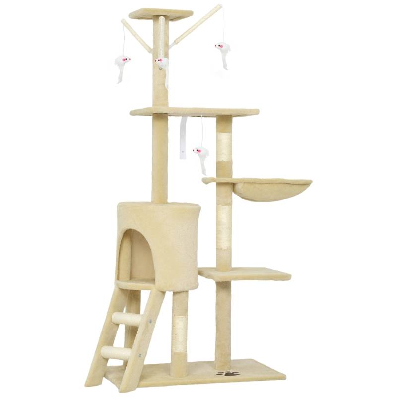Grattier pour chat avec cachette, 4 jouets, colonnes en sisal, grande plateforme, échelle,60 x 35 x 134 cm, Beige - PANGIVO - Image 1