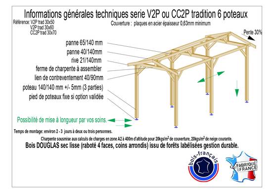 Carport bois Douglas 18 m² – Garantie 10 ans – 2 pentes – 6 poteaux – Abri voiture extérieur – Fabrication française - Image 2