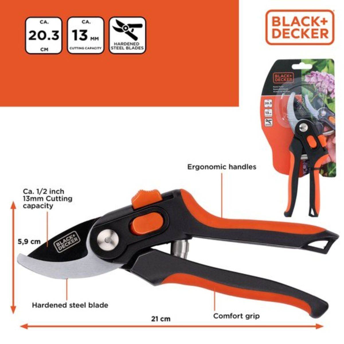Sécateur de jardin Lame en Acier Trempé 20.3cm - Ciseaux de Jardin Coupe 13mm Plantes, Haies et Fleurs  Black&Decker - Image 10