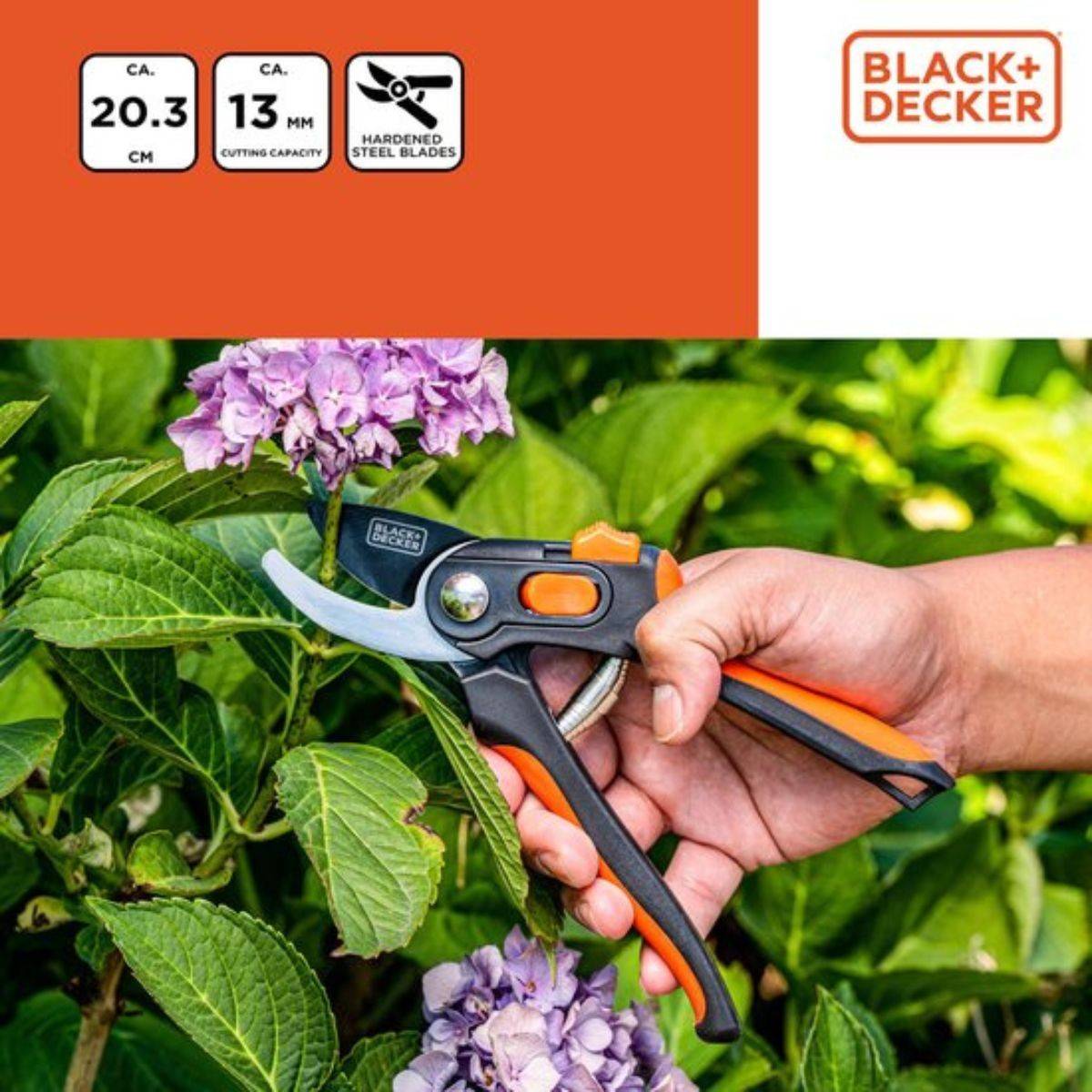 Sécateur de jardin Lame en Acier Trempé 20.3cm - Ciseaux de Jardin Coupe 13mm Plantes, Haies et Fleurs  Black&Decker - Image 8