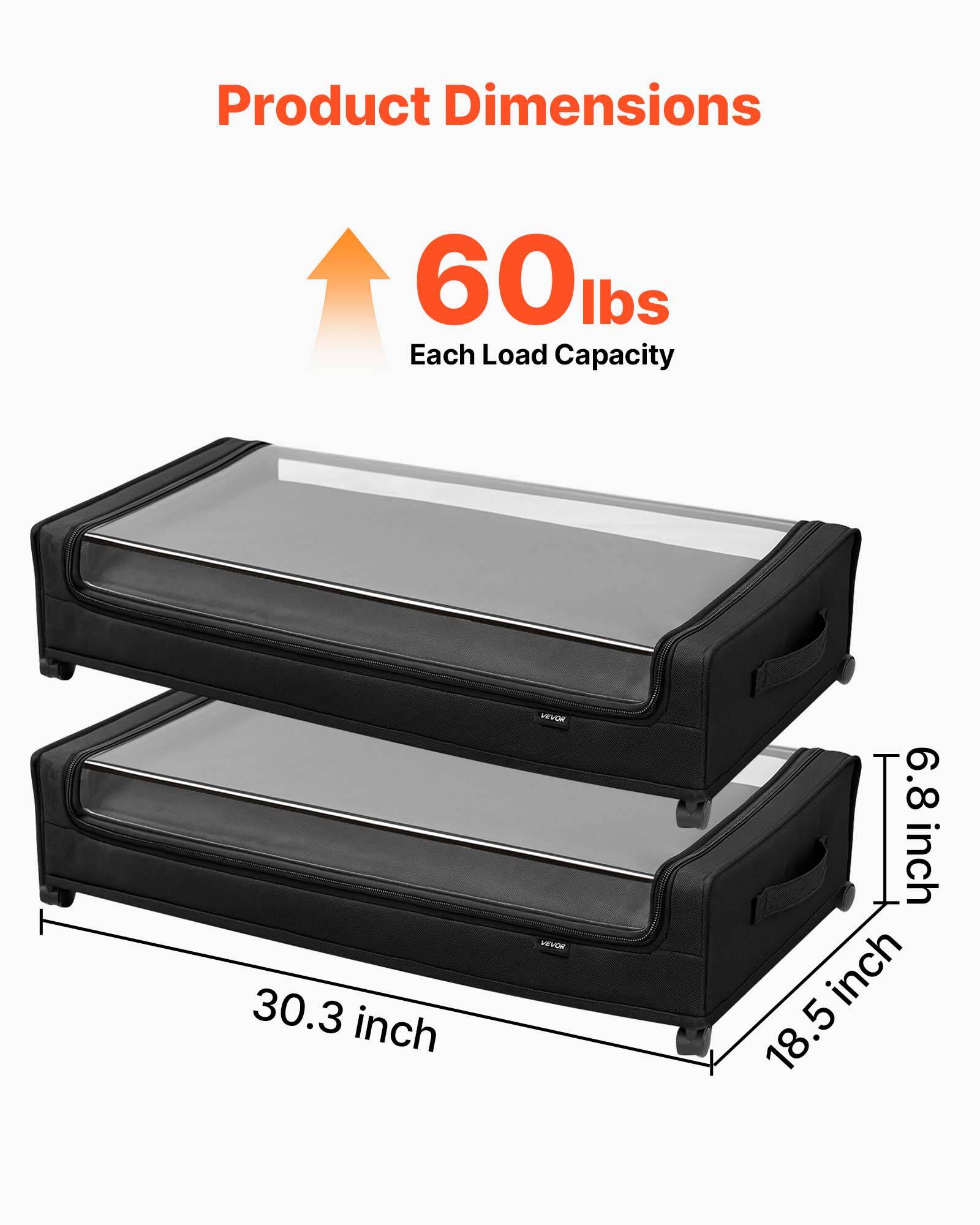VEVOR Sacs rangement sous lit, roulettes, 77x47x17.3cm, 2pcs, couvercle transparent. - Image 3
