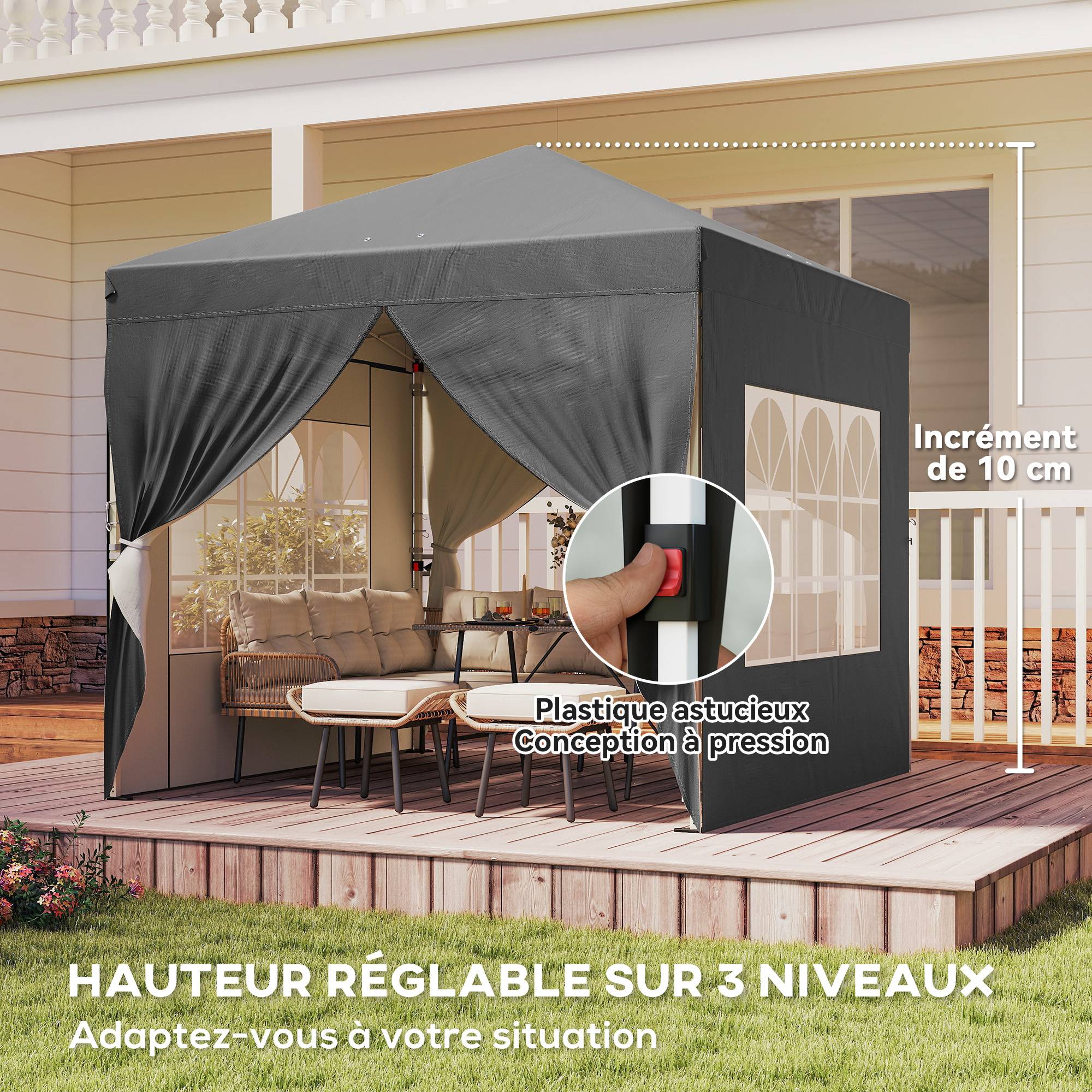 Tonnelle de jardin 2,5 x 2,5 m pop up tonnelle pliante réglable en hauteur protection UV50+ montage facile gris foncé - Image 10